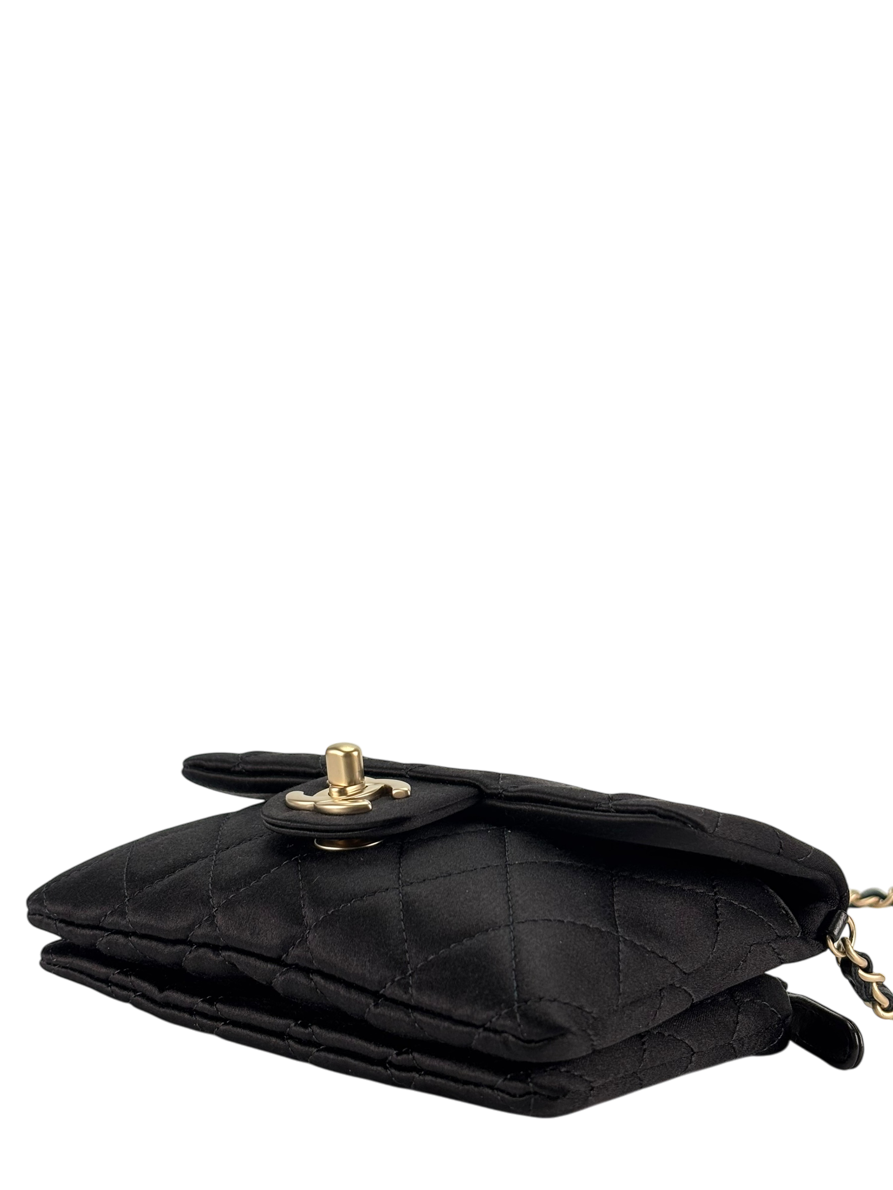 CHANEL - Mini Matelasse Satin Chain Shoulder Bag Pochette Black