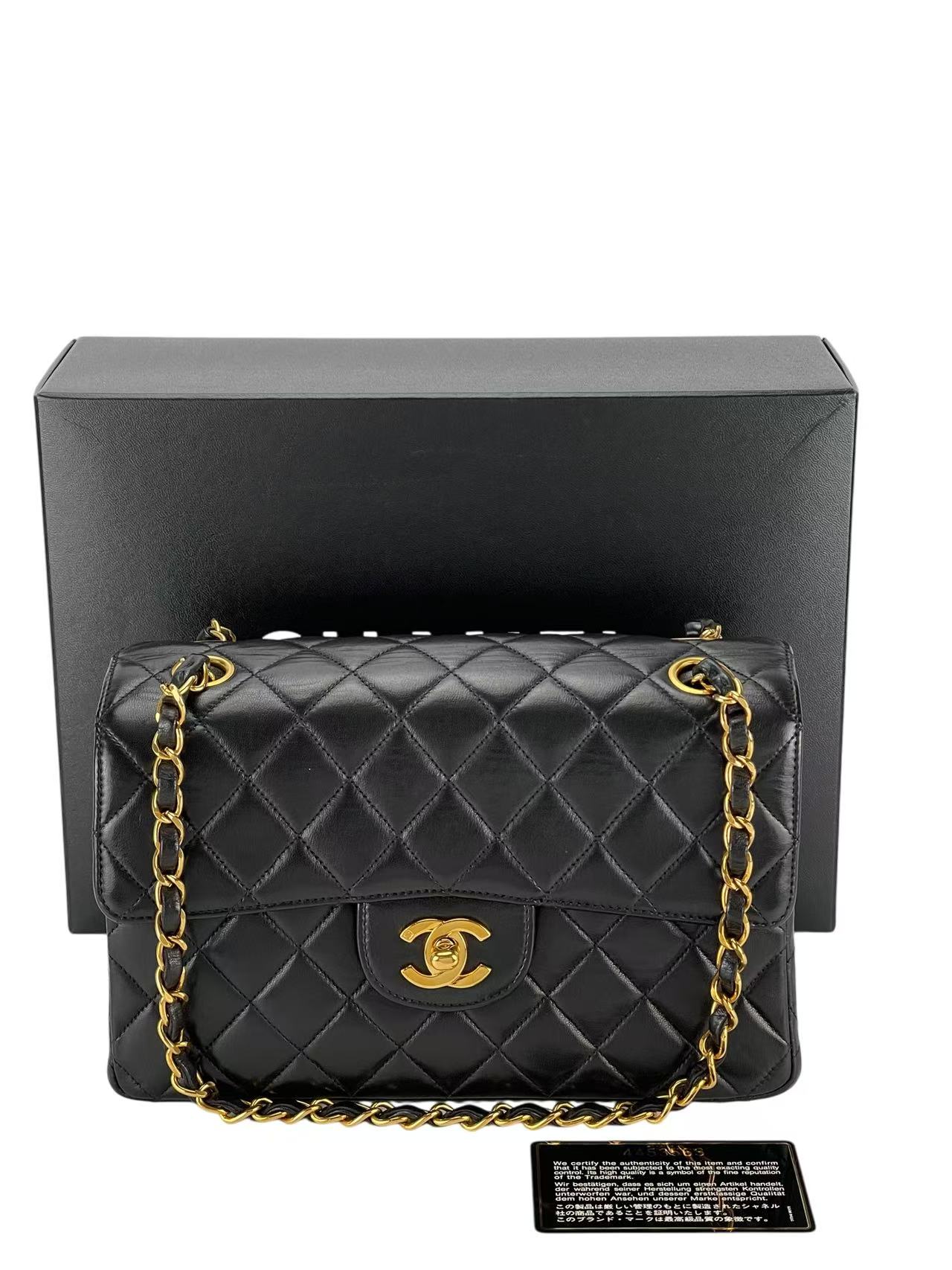 CHANEL - Double FaceSmall Classic Double Flap Bag Black Lambskin Gold Hardware (CF23)