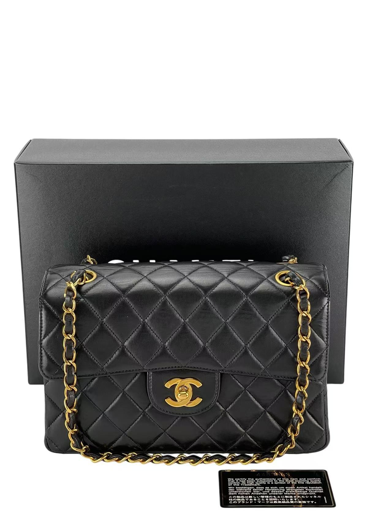 CHANEL - Double FaceSmall Classic Double Flap Bag Black Lambskin Gold Hardware (CF23)
