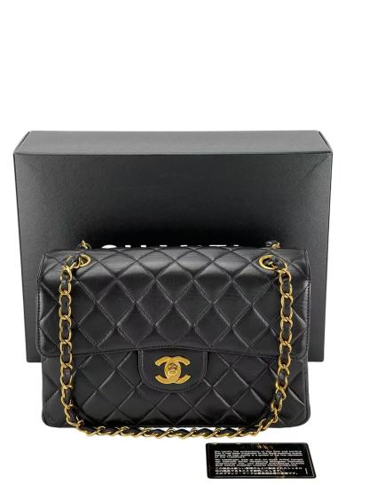 CHANEL - Double FaceSmall Classic Double Flap Bag Black Lambskin Gold Hardware (CF23)