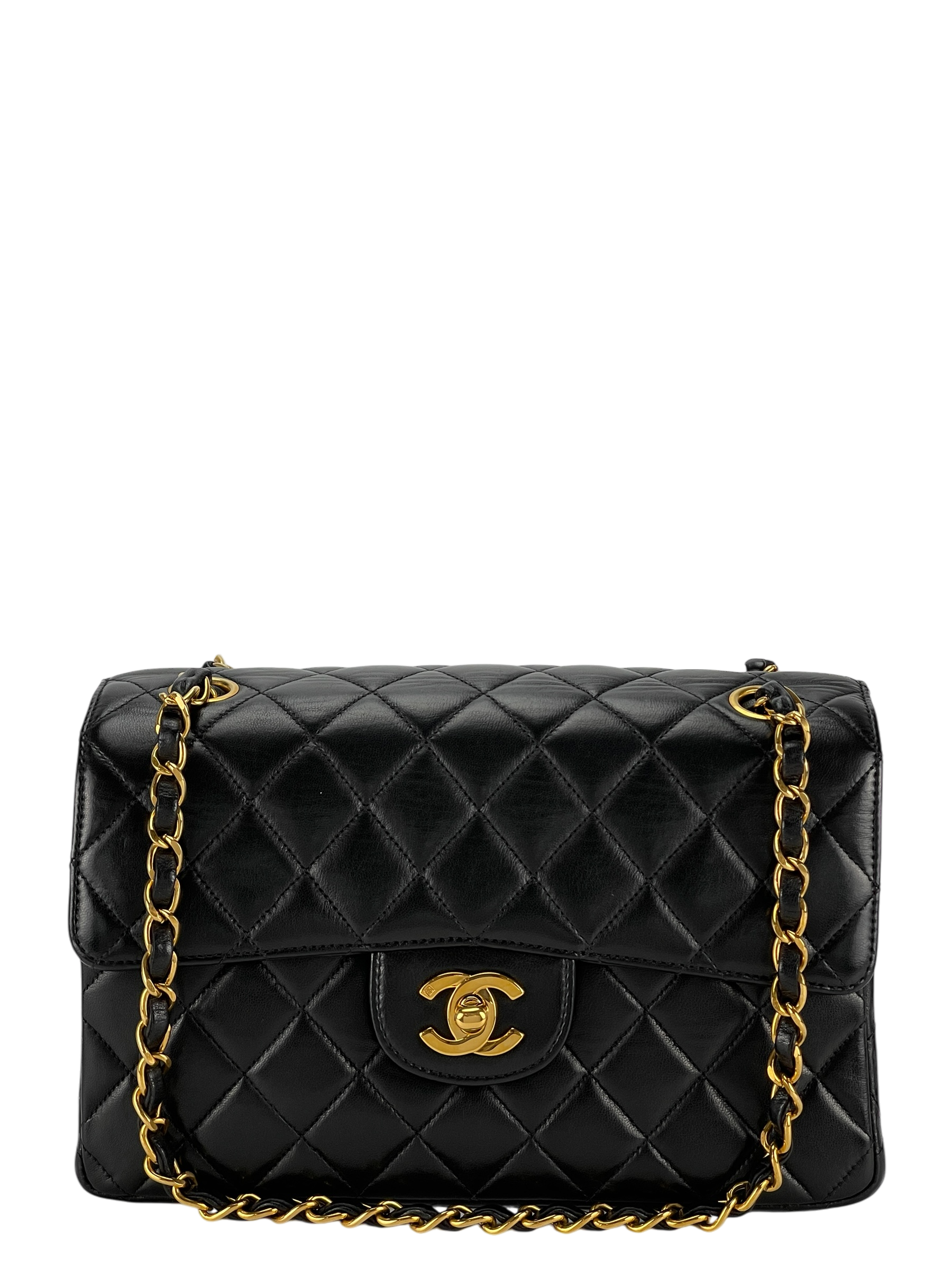 CHANEL - Double FaceSmall Classic Double Flap Bag Black Lambskin Gold Hardware (CF23)