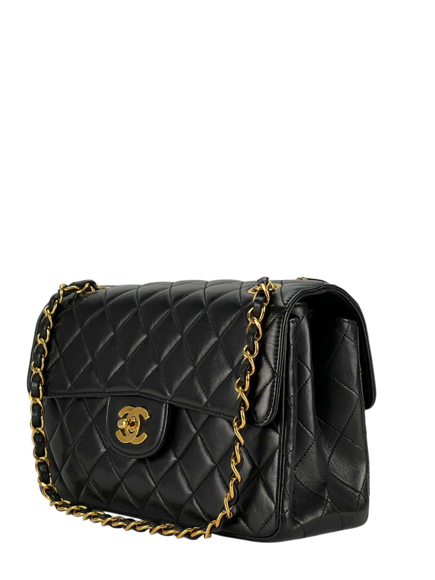 CHANEL - Double FaceSmall Classic Double Flap Bag Black Lambskin Gold Hardware (CF23)