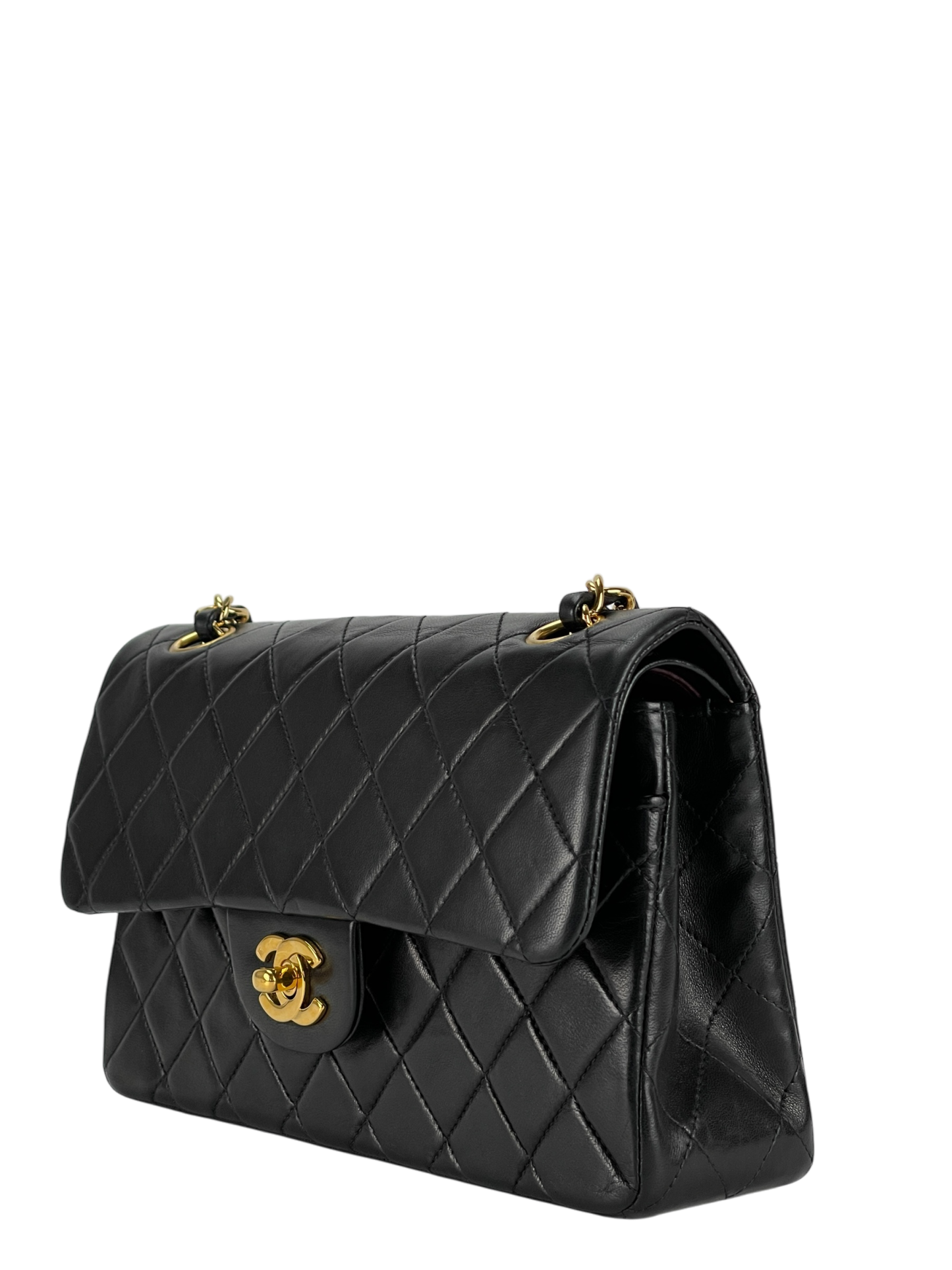 CHANEL - Small Classic Double Flap Bag Black Lambskin Gold Hardware (CF23)