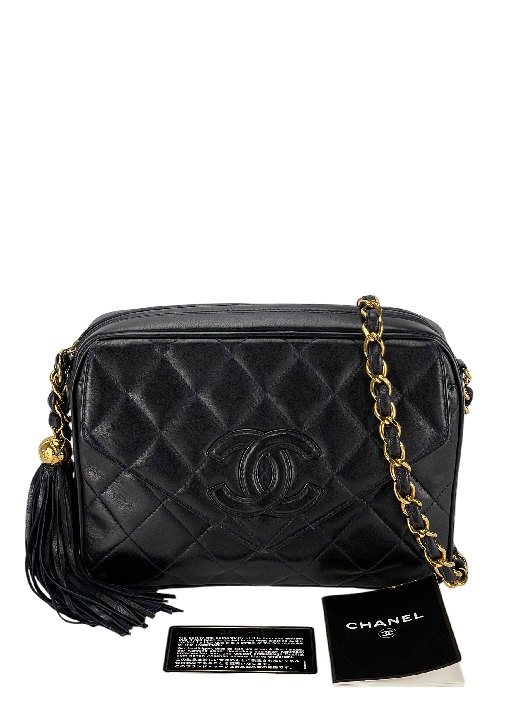 CHANEL - Navy Lambskin Mini Chain Shoulder Camera Bag