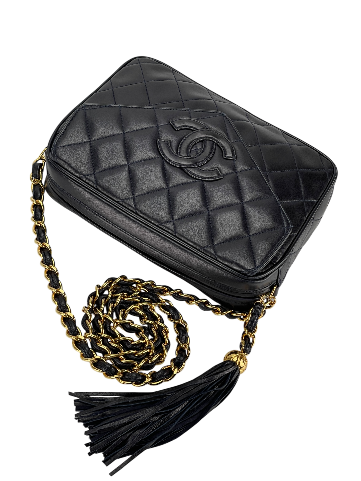 CHANEL - Navy Lambskin Mini Chain Shoulder Camera Bag