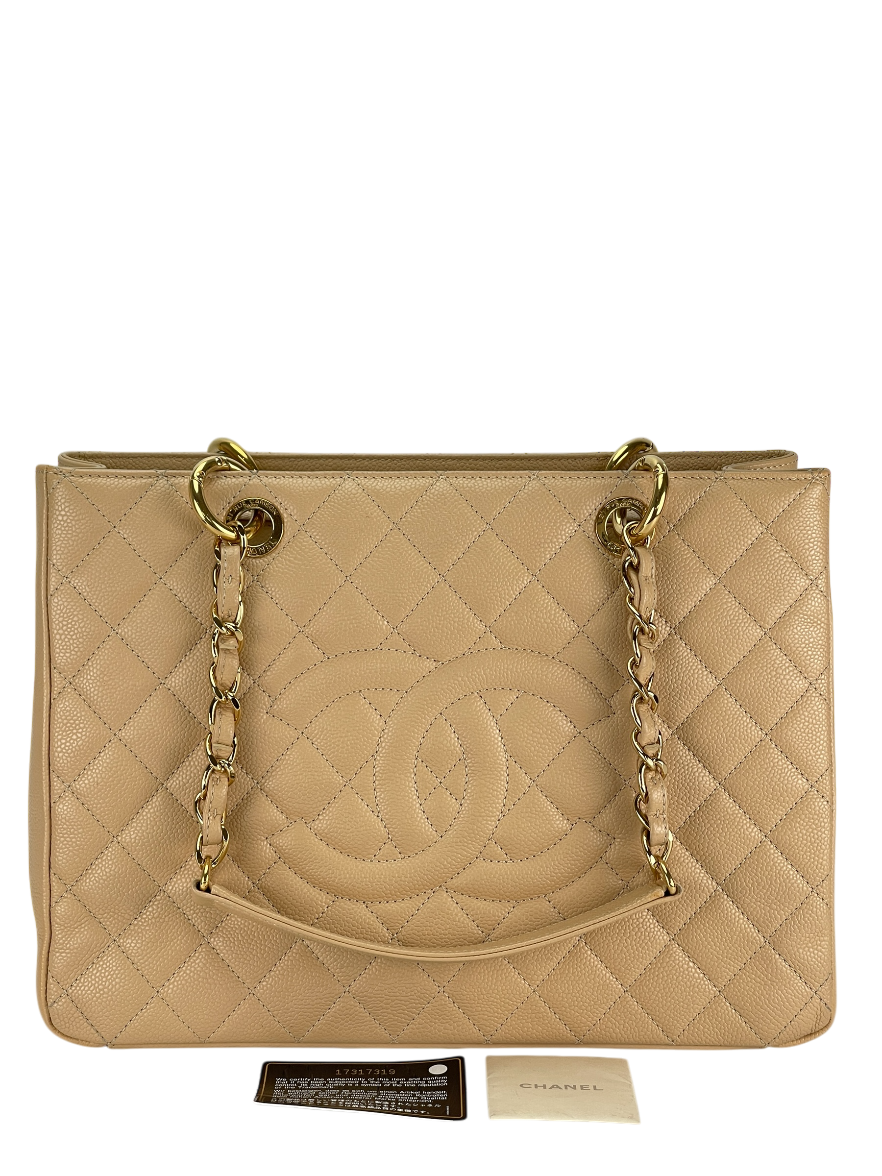 CHANEL - Beige Caviar Quilted Grand Shopping Tote GST Gold Hardware