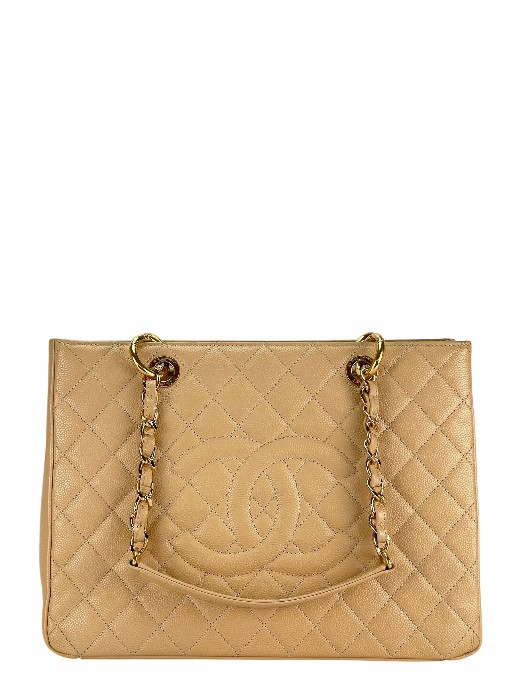 CHANEL - Beige Caviar Quilted Grand Shopping Tote GST Gold Hardware 