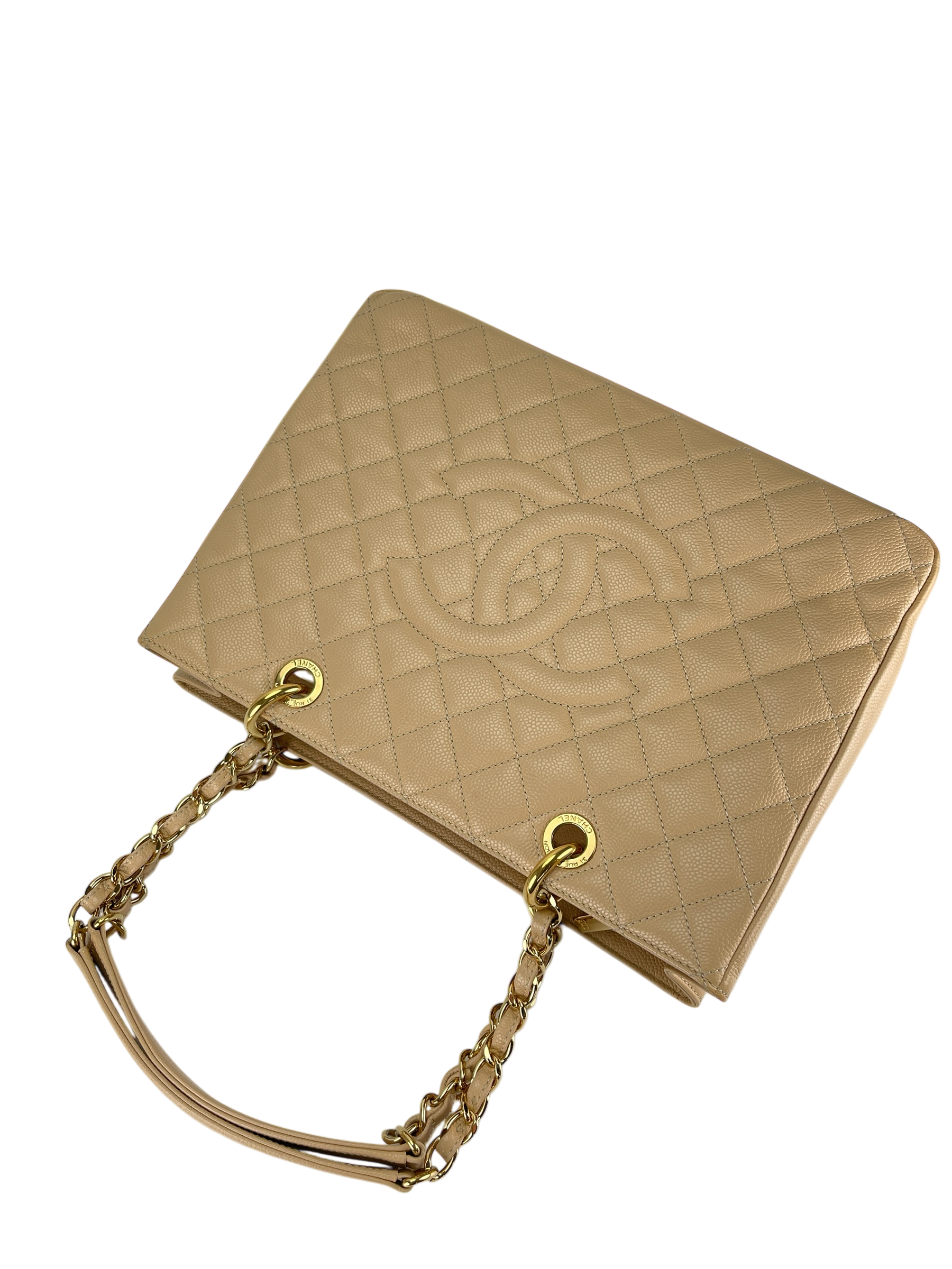 CHANEL - Beige Caviar Quilted Grand Shopping Tote GST Gold Hardware