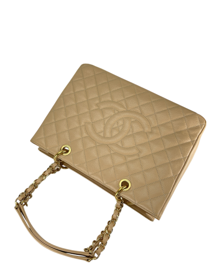CHANEL - Beige Caviar Quilted Grand Shopping Tote GST Gold Hardware 