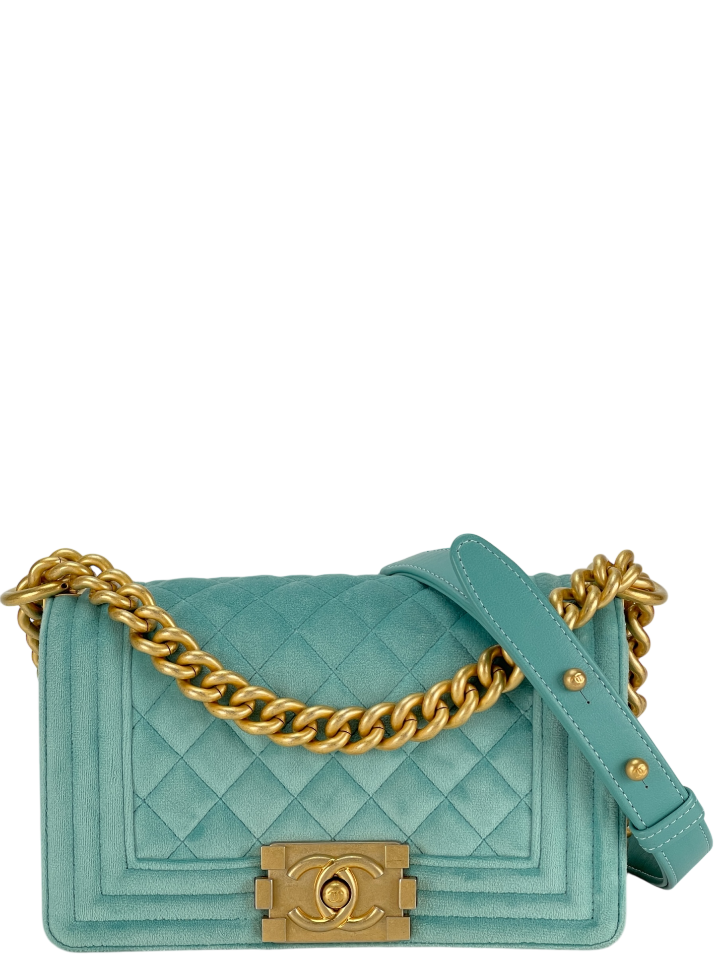 CHANEL - Small Boy Flap Bag Mint Green Velvet Gold Hardware
