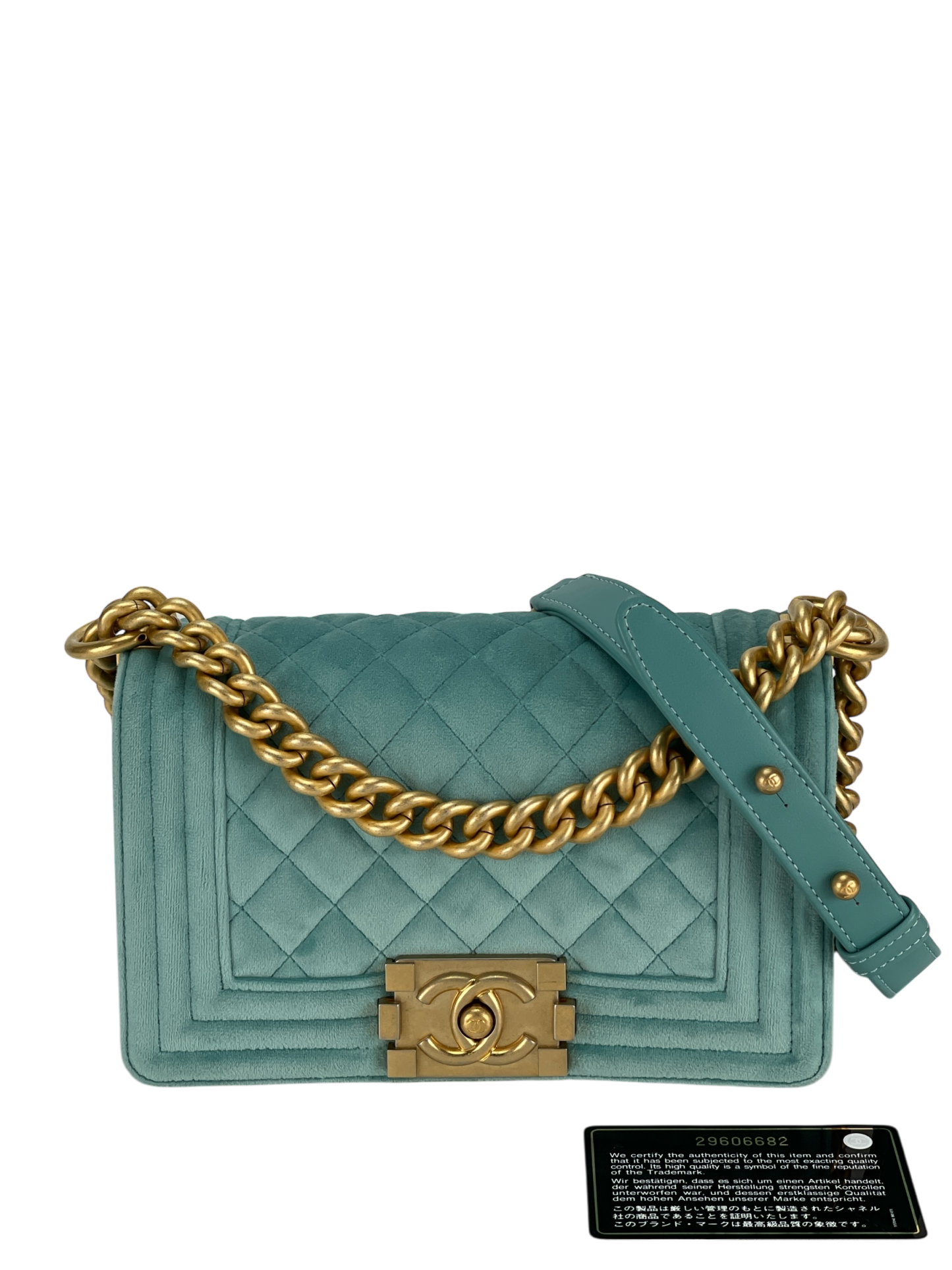 CHANEL - Small Boy Flap Bag Mint Green Velvet Gold Hardware