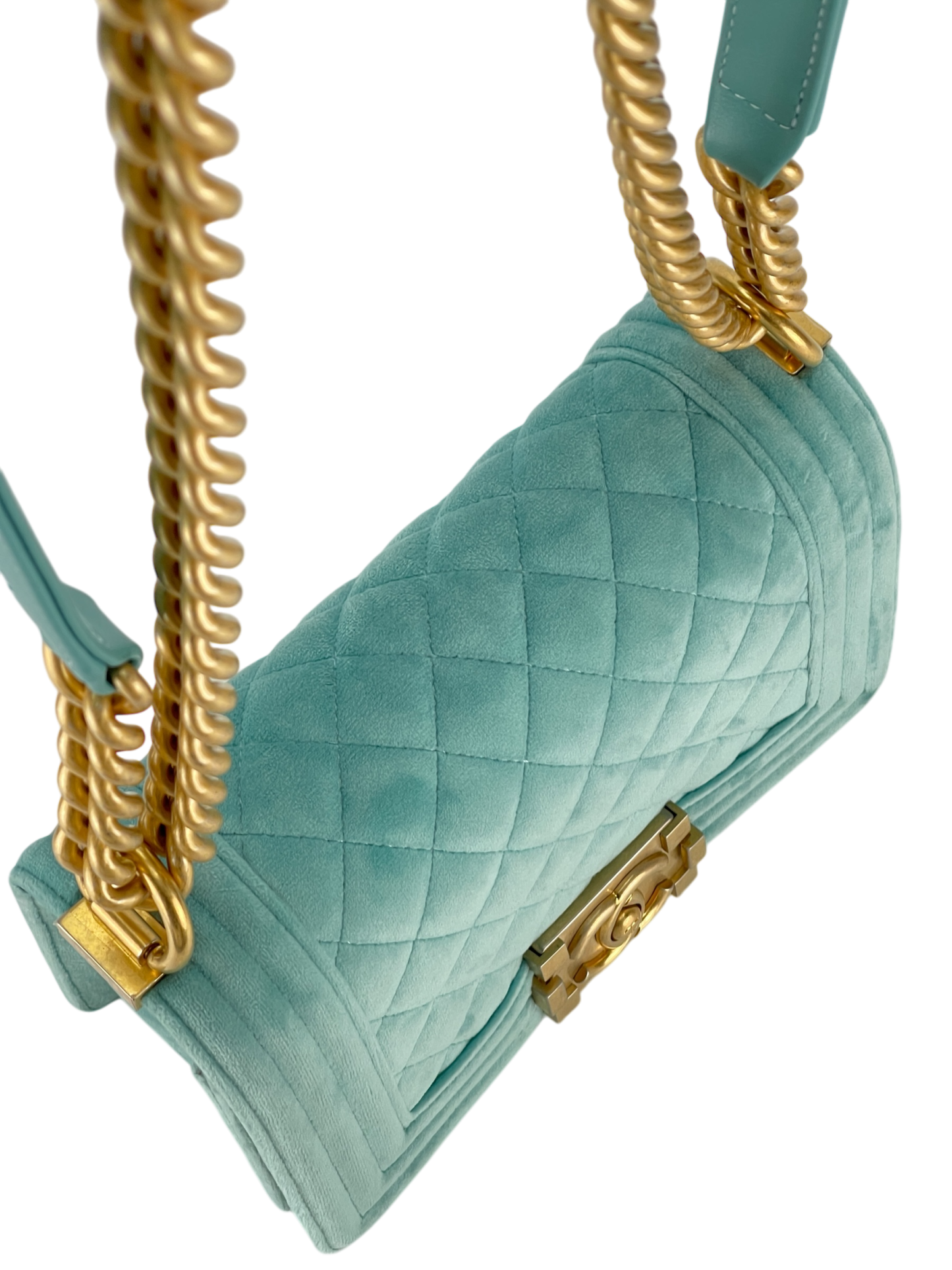 CHANEL - Small Boy Flap Bag Mint Green Velvet Gold Hardware