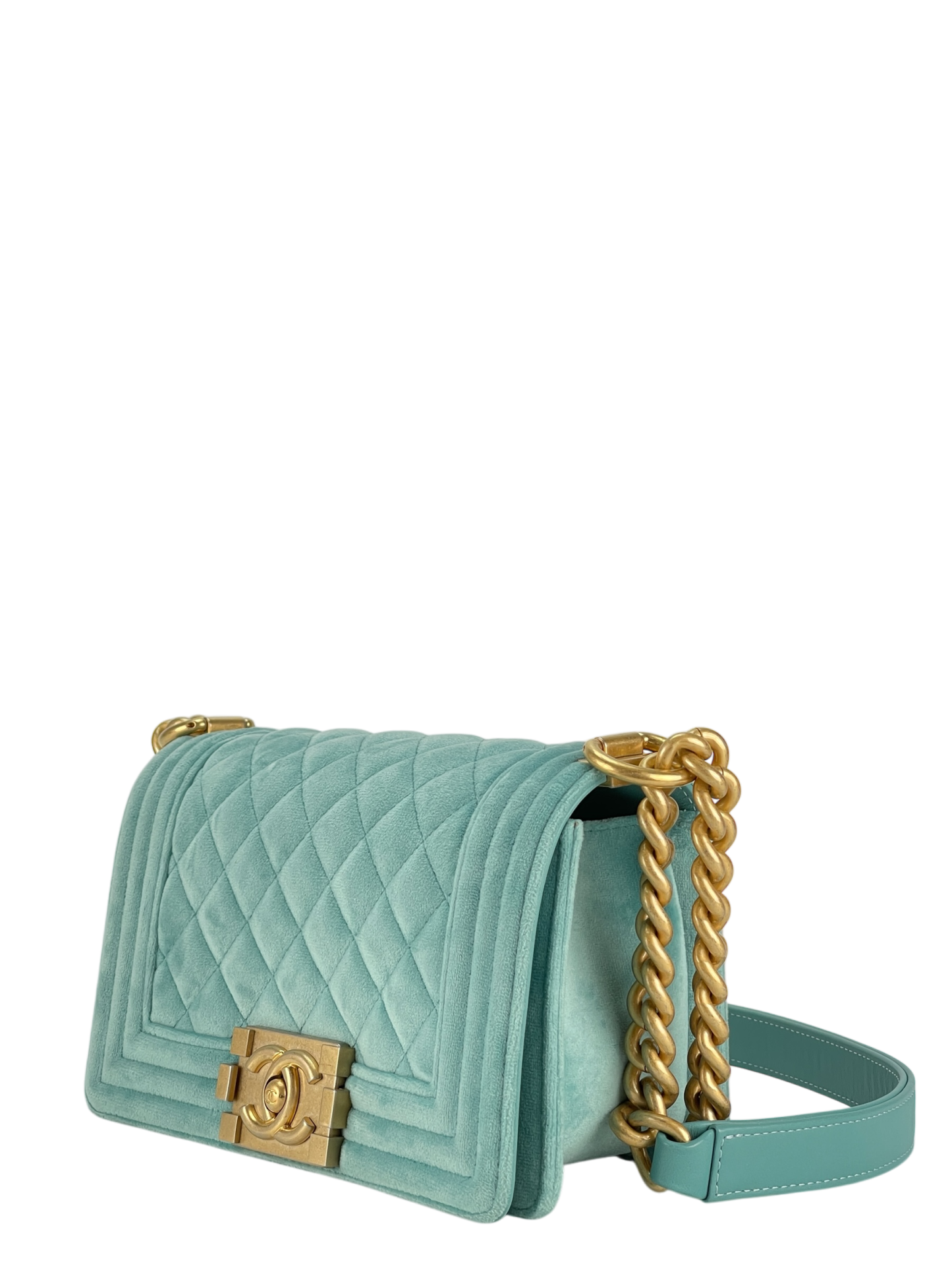 CHANEL - Small Boy Flap Bag Mint Green Velvet Gold Hardware