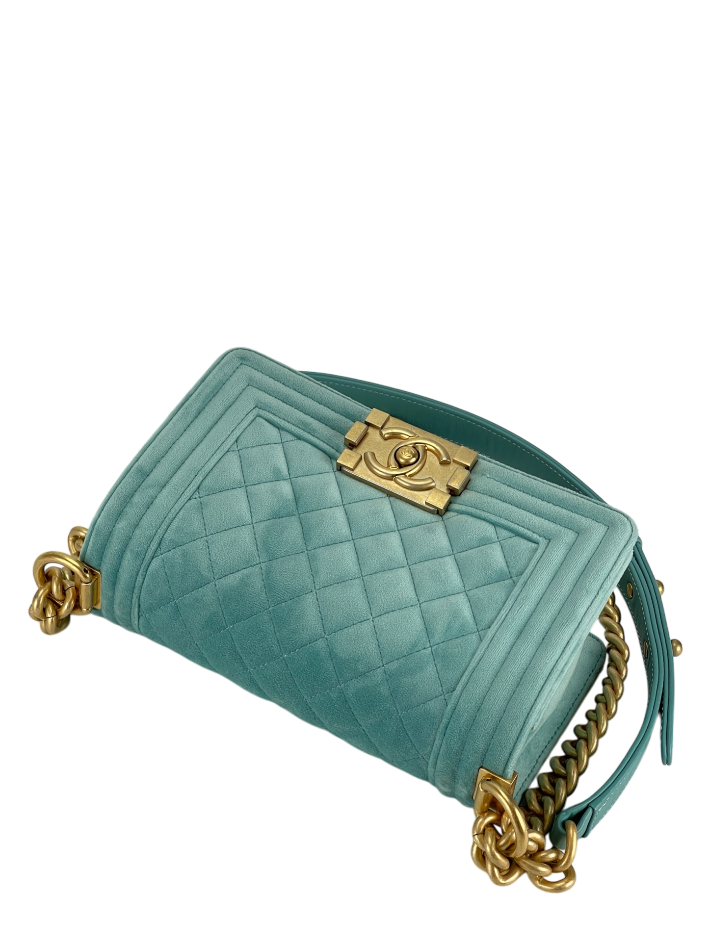 CHANEL - Small Boy Flap Bag Mint Green Velvet Gold Hardware