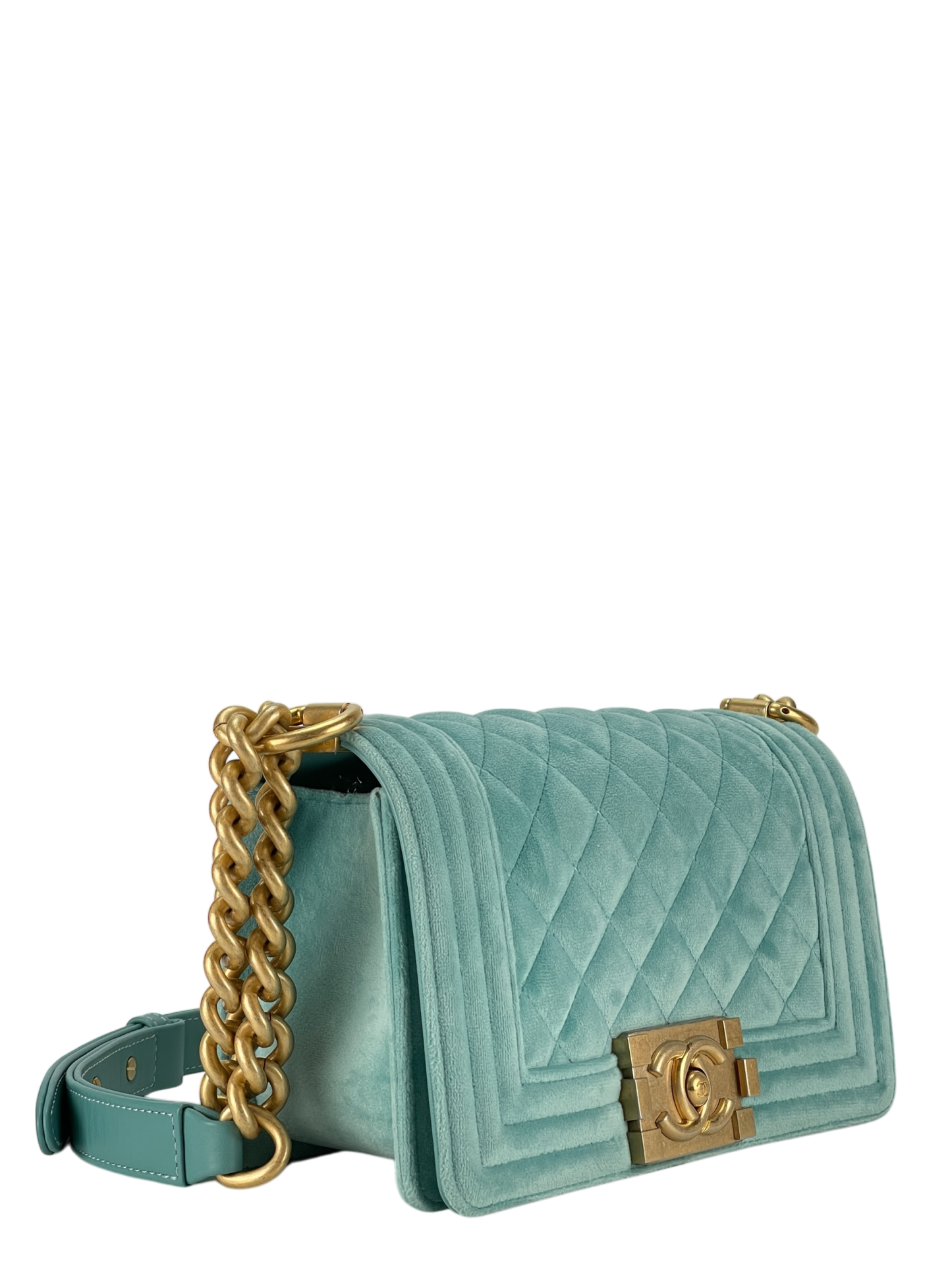 CHANEL - Small Boy Flap Bag Mint Green Velvet Gold Hardware
