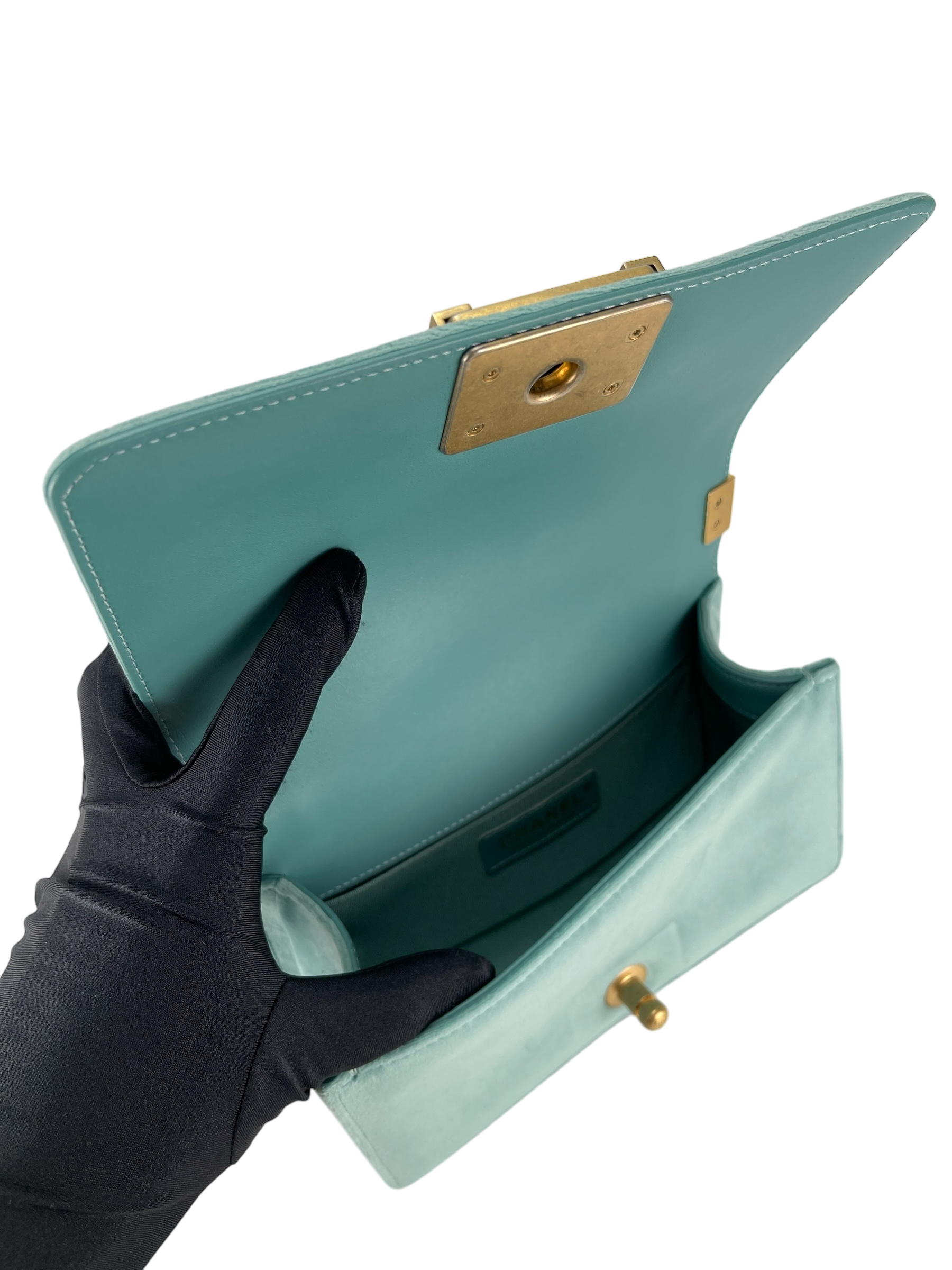 CHANEL - Small Boy Flap Bag Mint Green Velvet Gold Hardware