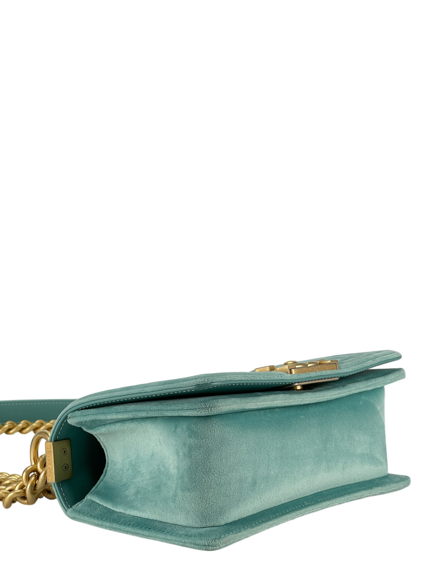 CHANEL - Small Boy Flap Bag Mint Green Velvet Gold Hardware