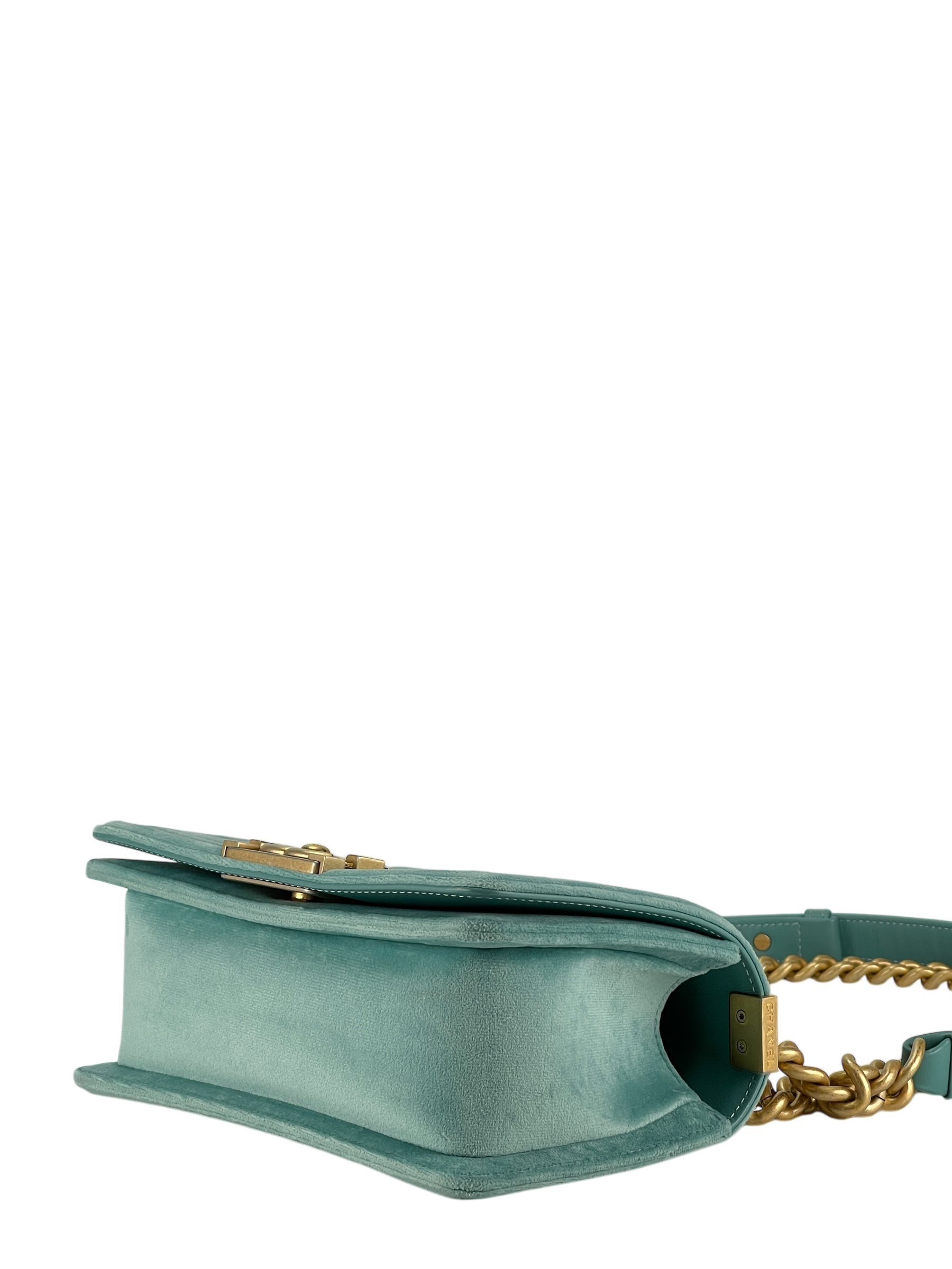 CHANEL - Small Boy Flap Bag Mint Green Velvet Gold Hardware