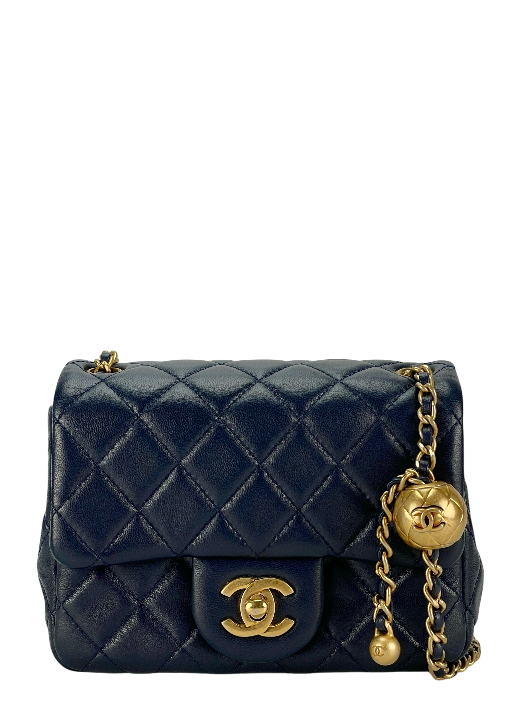 CHANEL - Navy Mini Matlasse 17 Lambskin Single Flap Single Gold Ball Chain Bag