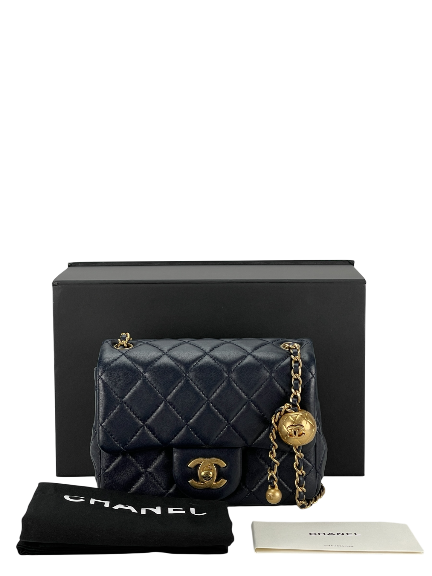 CHANEL - Navy Mini Matlasse 17 Lambskin Single Flap Single Gold Ball Chain Bag