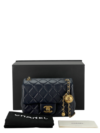 CHANEL - Navy Mini Matlasse 17 Lambskin Single Flap Single Gold Ball Chain Bag