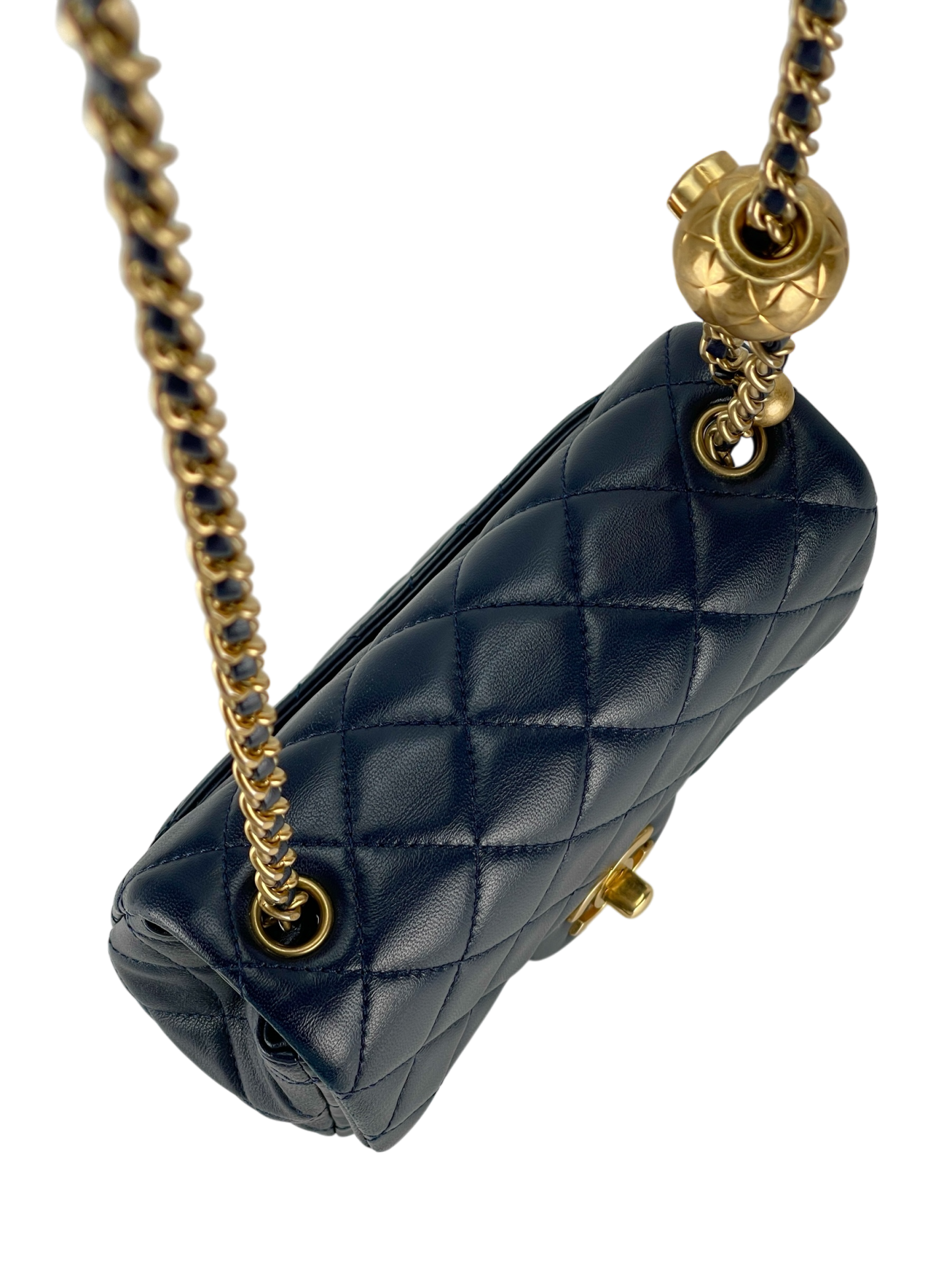 CHANEL - Navy Mini Matlasse 17 Lambskin Single Flap Single Gold Ball Chain Bag