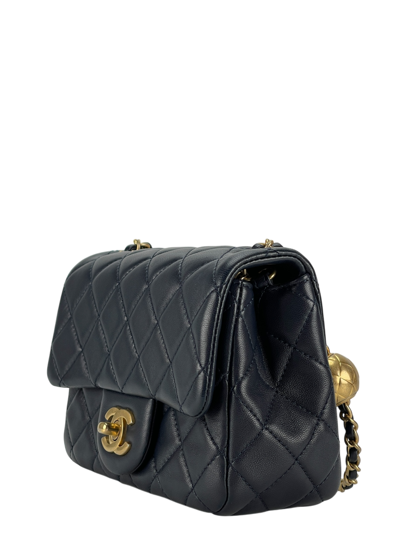 CHANEL - Navy Mini Matlasse 17 Lambskin Single Flap Single Gold Ball Chain Bag
