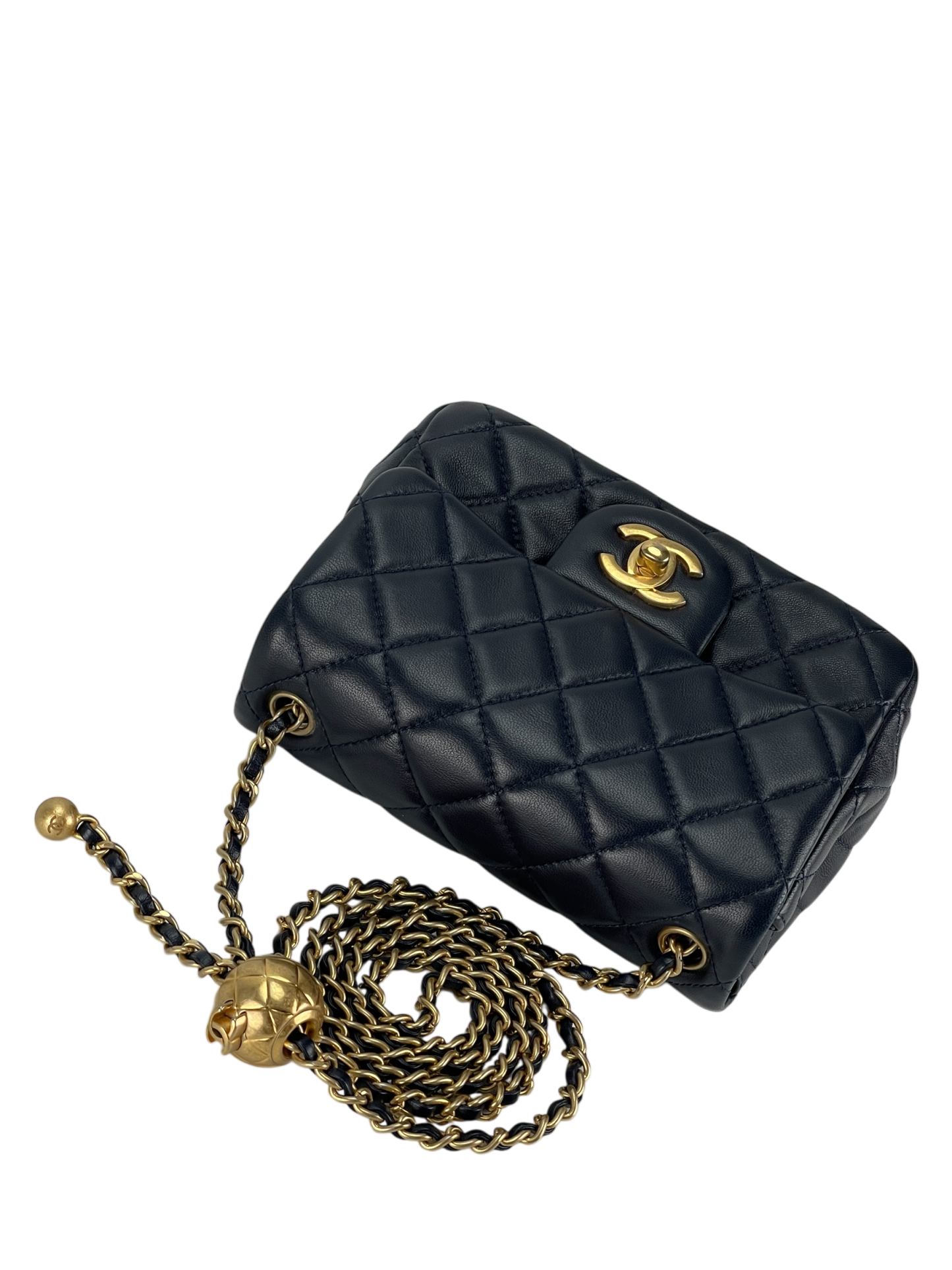 CHANEL - Navy Mini Matlasse 17 Lambskin Single Flap Single Gold Ball Chain Bag