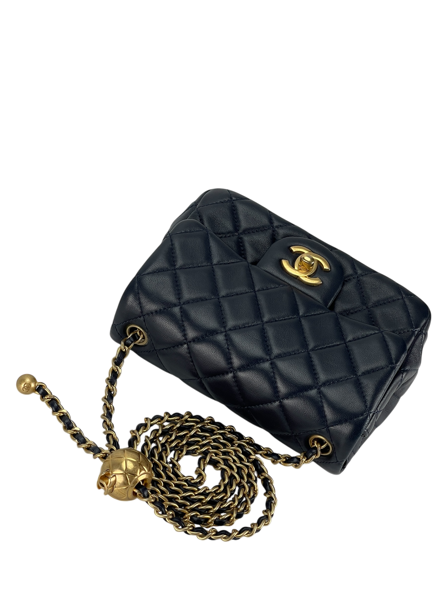 CHANEL - Navy Mini Matlasse 17 Lambskin Single Flap Single Gold Ball Chain Bag