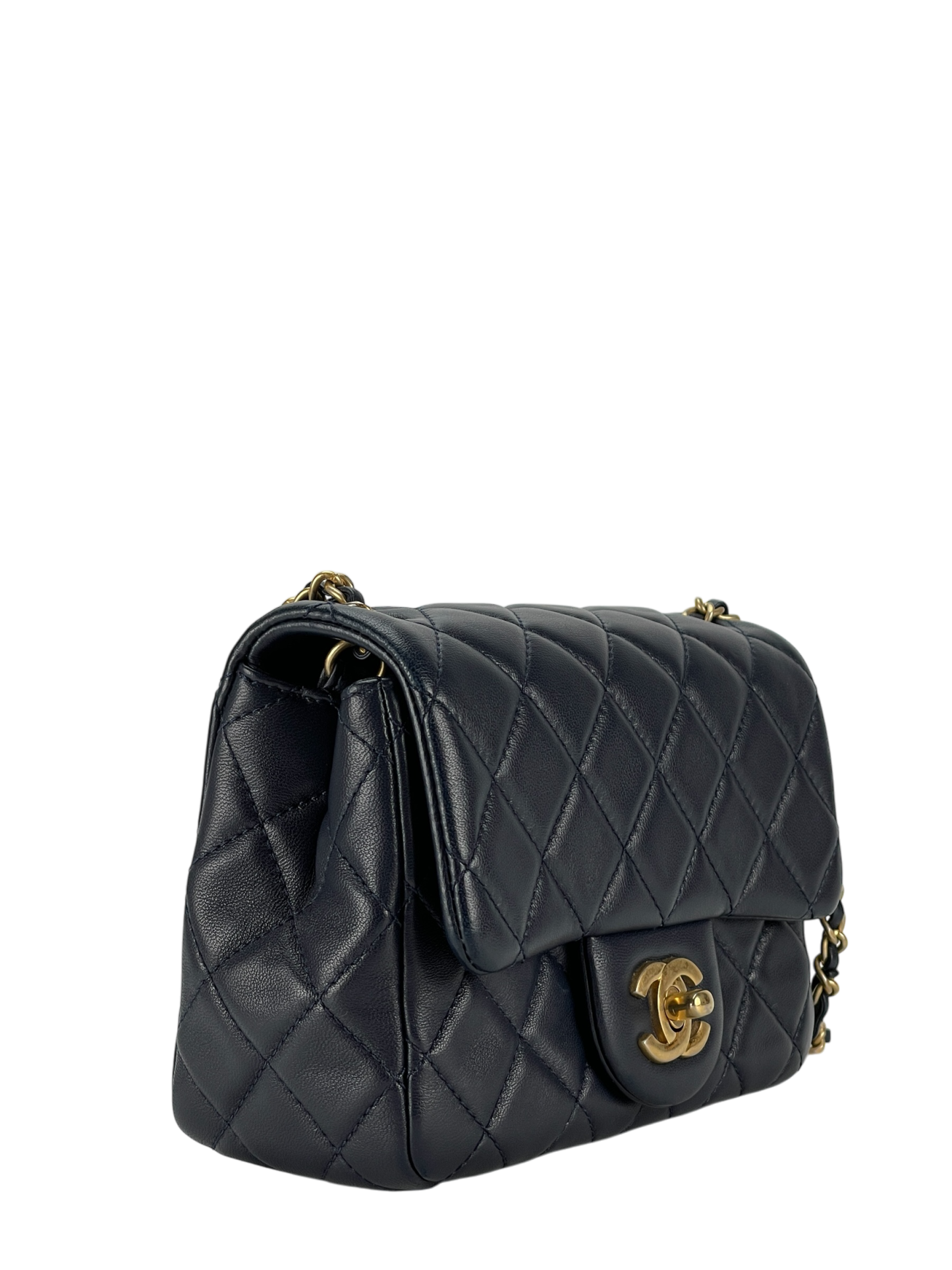 CHANEL - Navy Mini Matlasse 17 Lambskin Single Flap Single Gold Ball Chain Bag