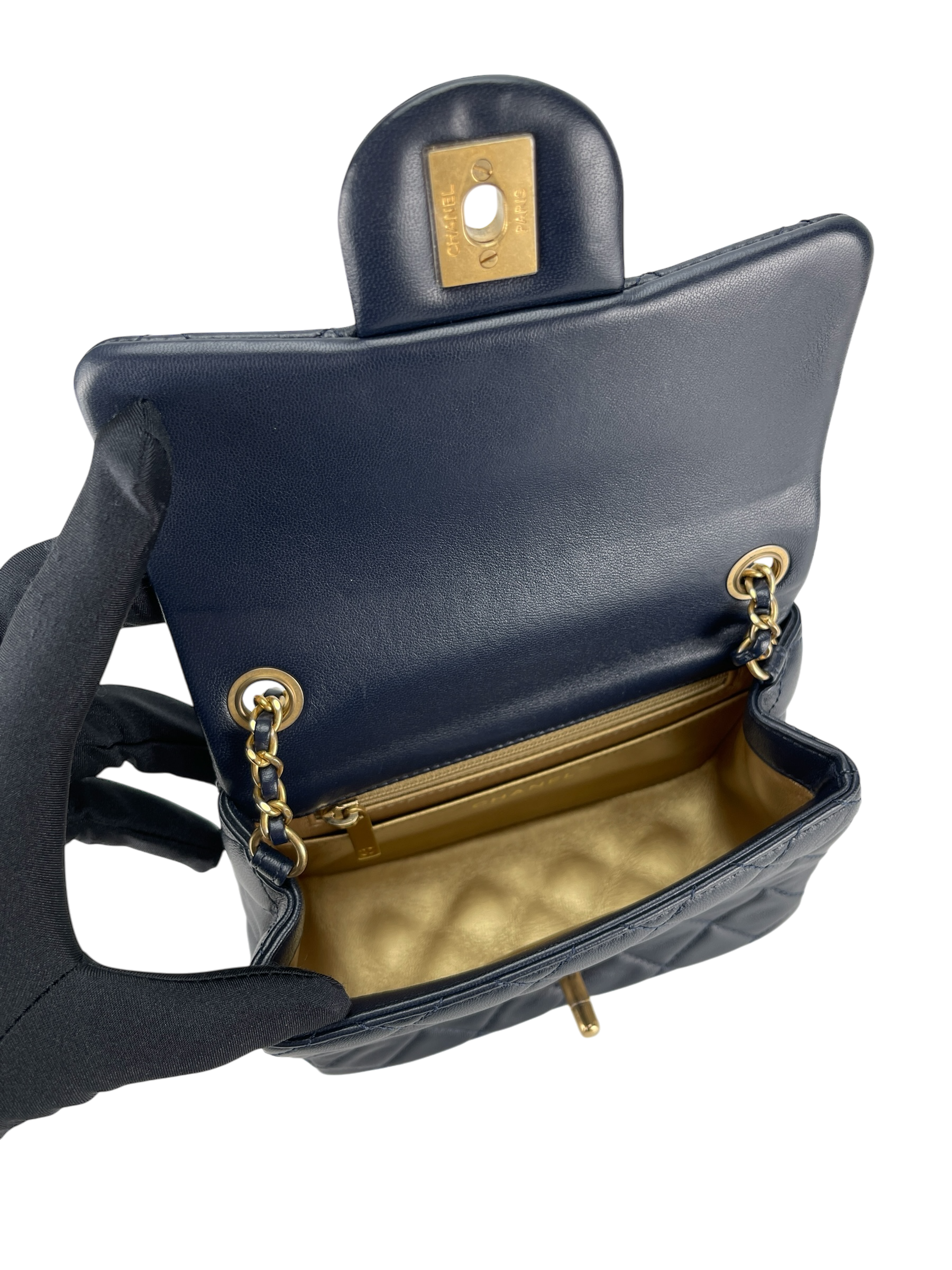 CHANEL - Navy Mini Matlasse 17 Lambskin Single Flap Single Gold Ball Chain Bag