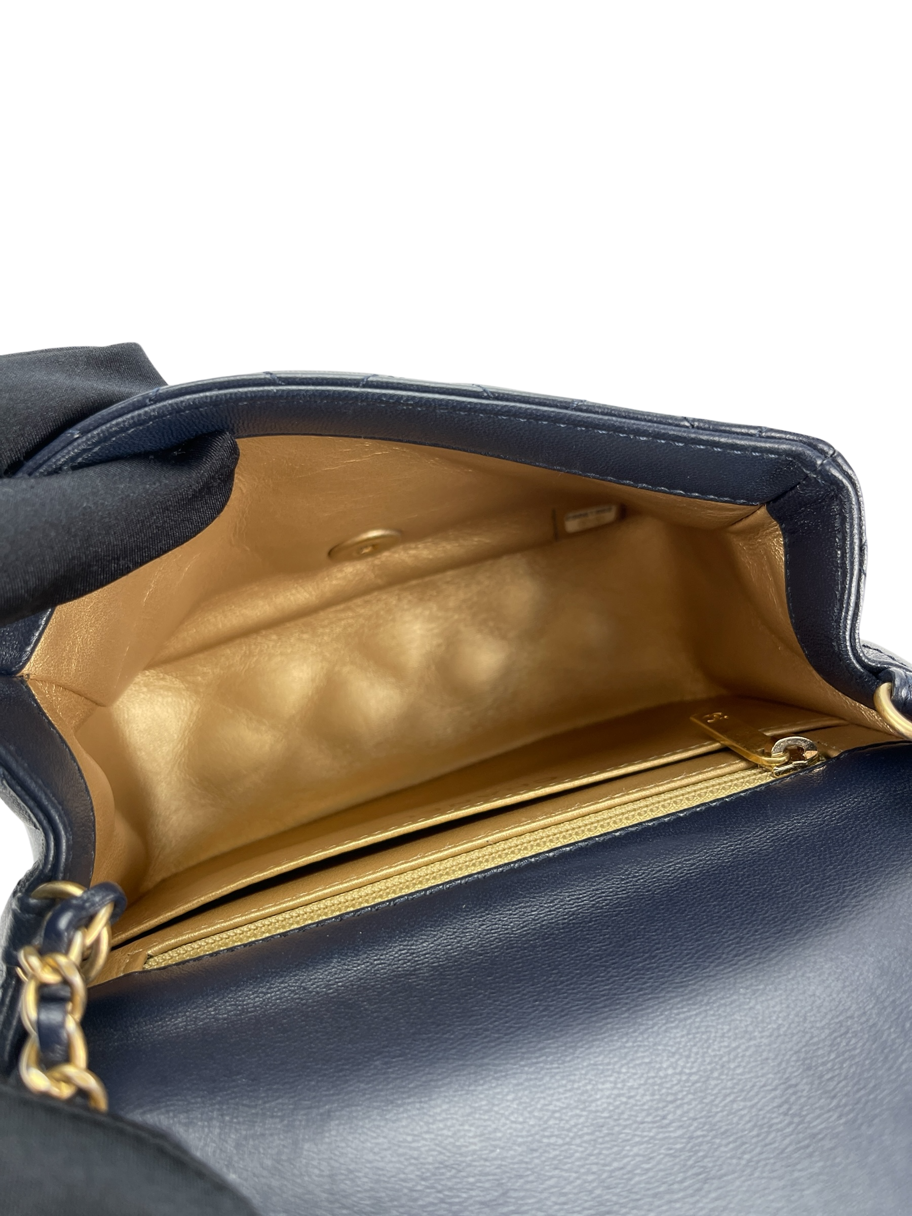 CHANEL - Navy Mini Matlasse 17 Lambskin Single Flap Single Gold Ball Chain Bag