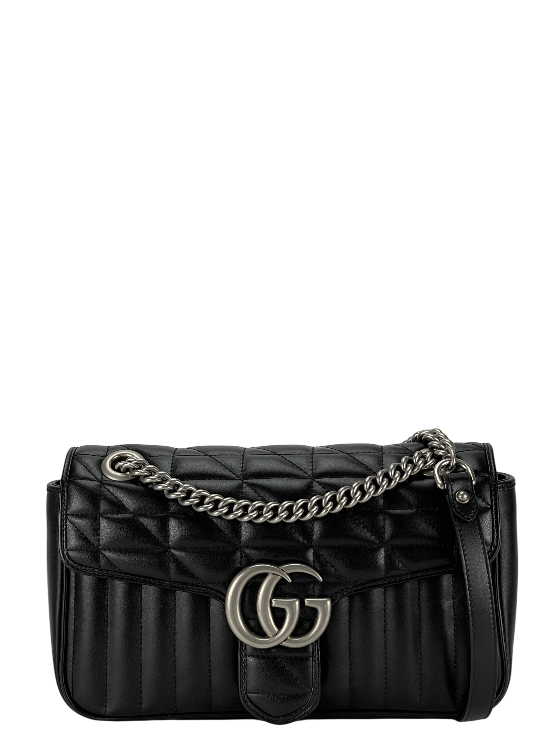 GUCCI - Black GG Marmont Medium Shoulder Bag Sliver Hardware