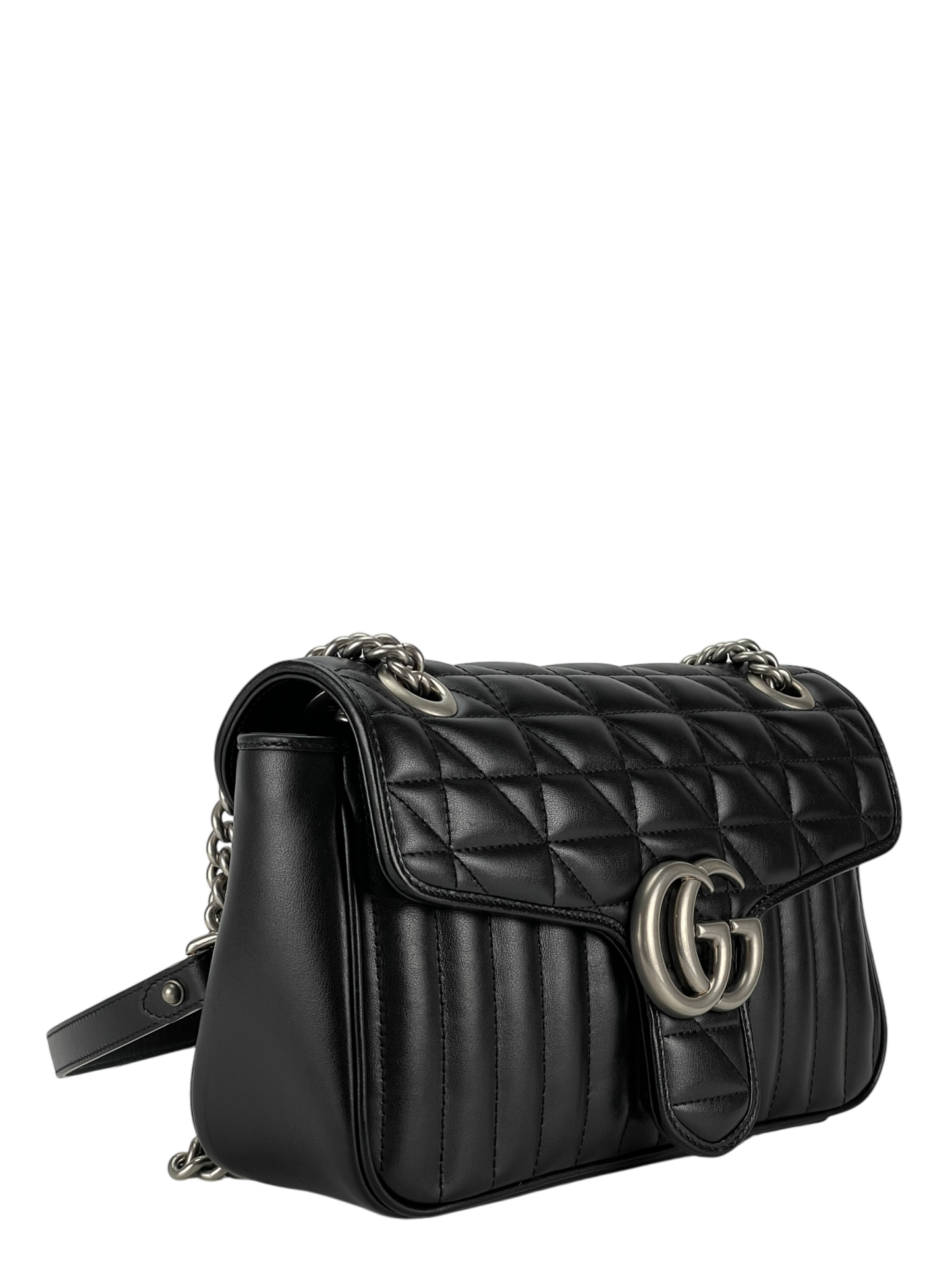 GUCCI - Black GG Marmont Medium Shoulder Bag Sliver Hardware