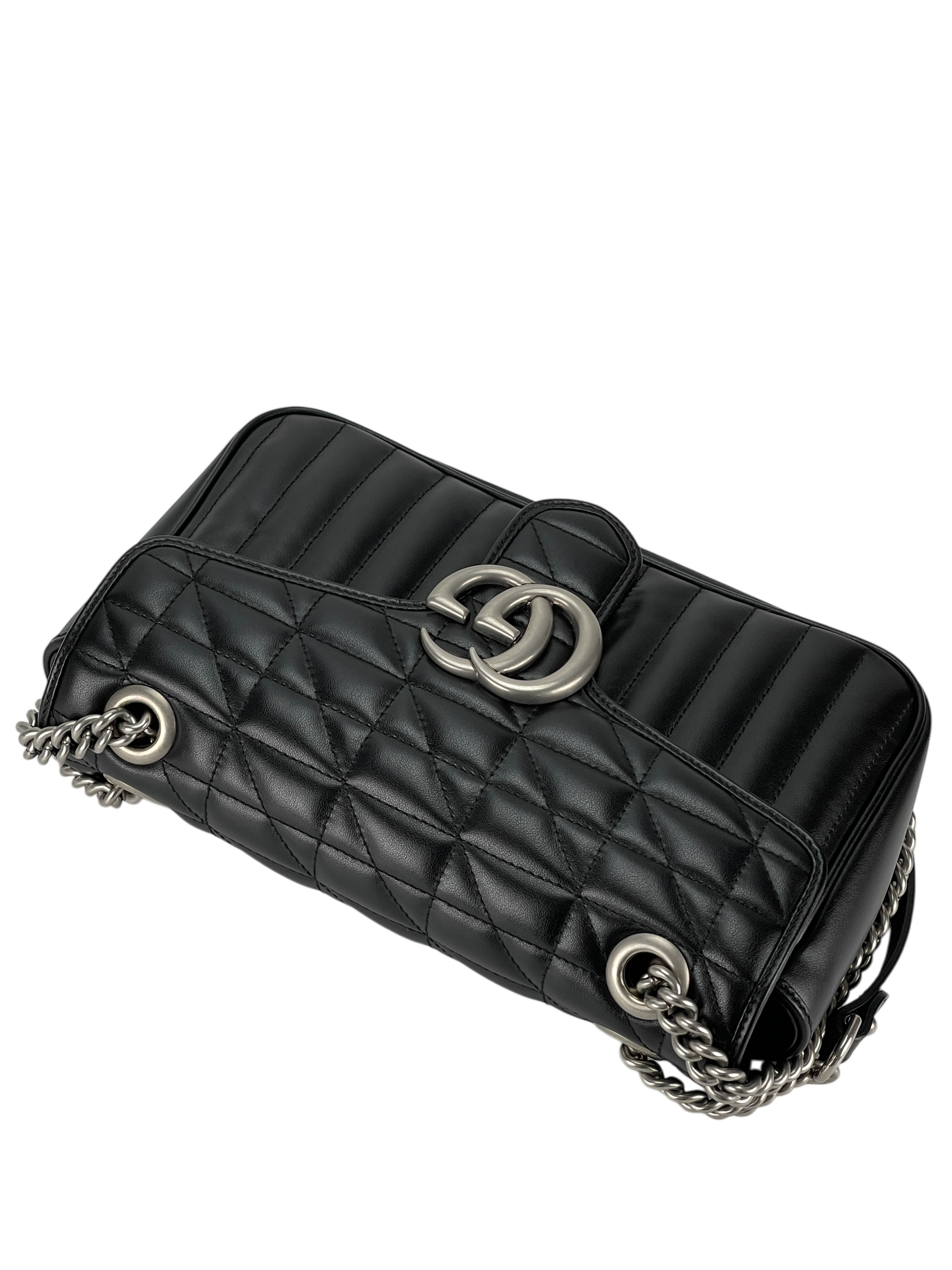 GUCCI - Black GG Marmont Medium Shoulder Bag Sliver Hardware