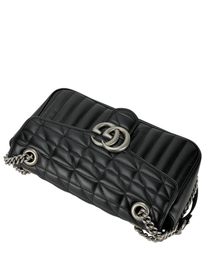 GUCCI - Black GG Marmont Medium Shoulder Bag Sliver Hardware