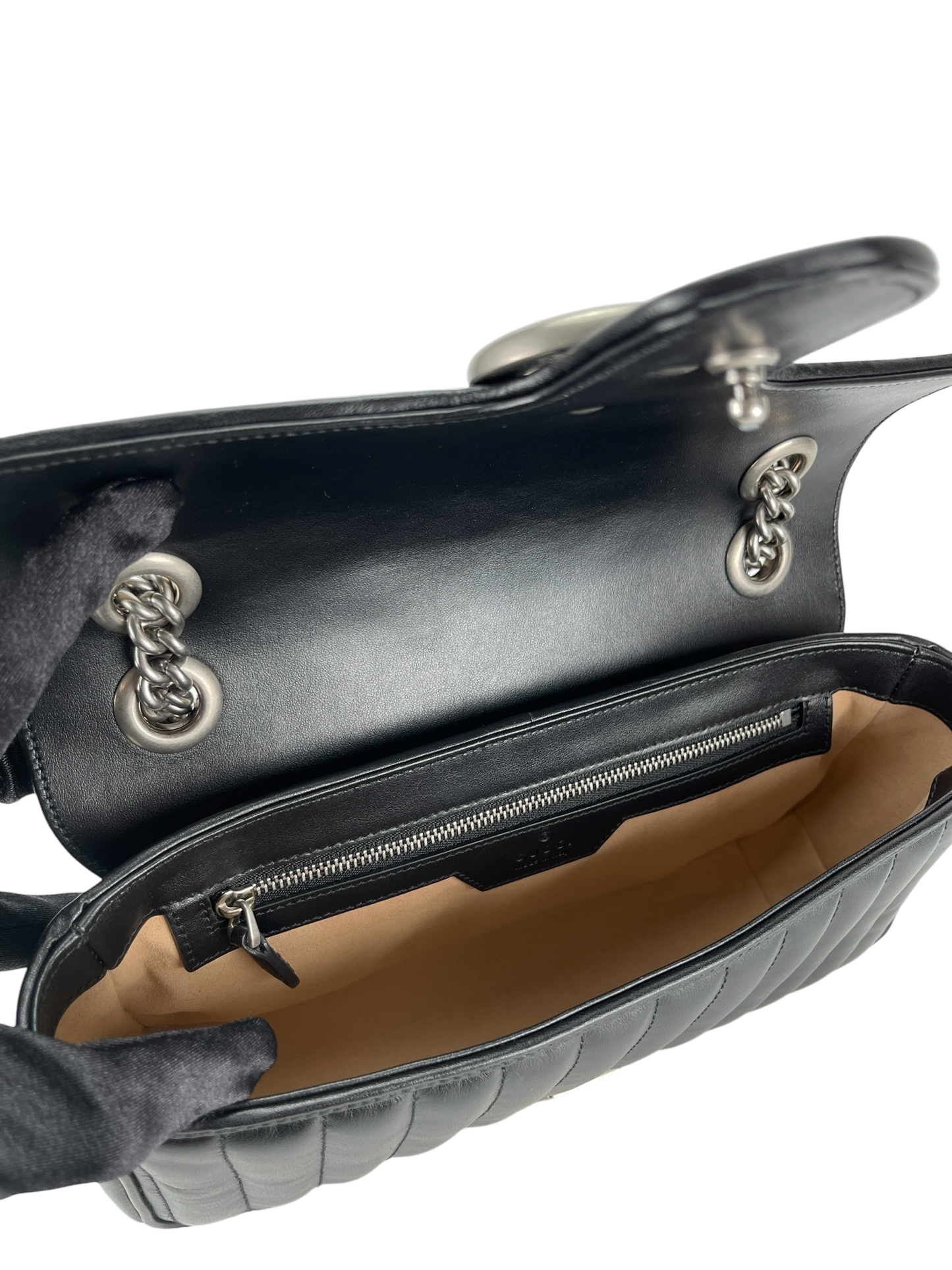 GUCCI - Black GG Marmont Medium Shoulder Bag Sliver Hardware