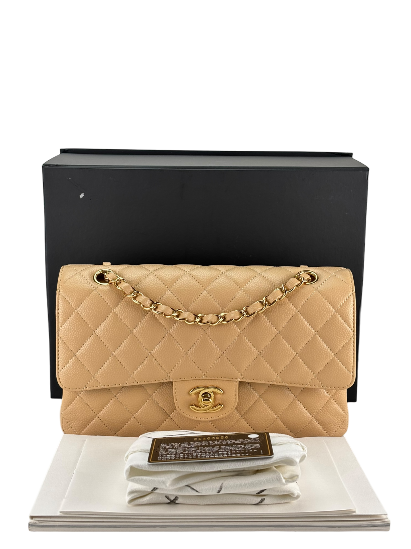 CHANEL - Medium Classic Double Flap Bag Gold Cavair Gold Hardware (CF25)