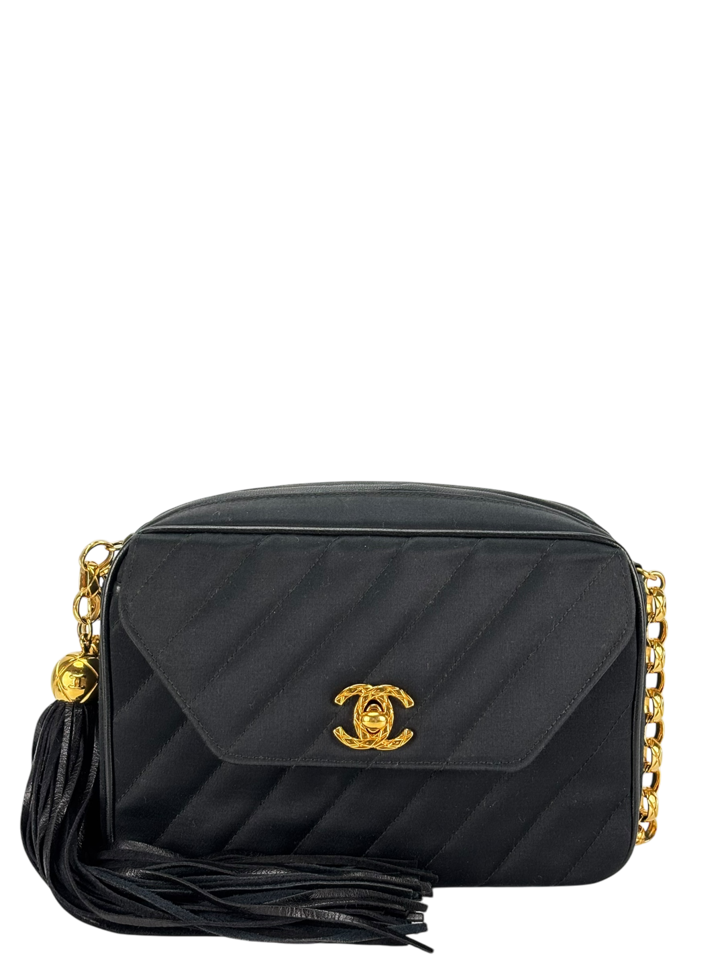 CHANEL - Satin V-stitch Lambskin Chain Shoulder Bag Gold hardware