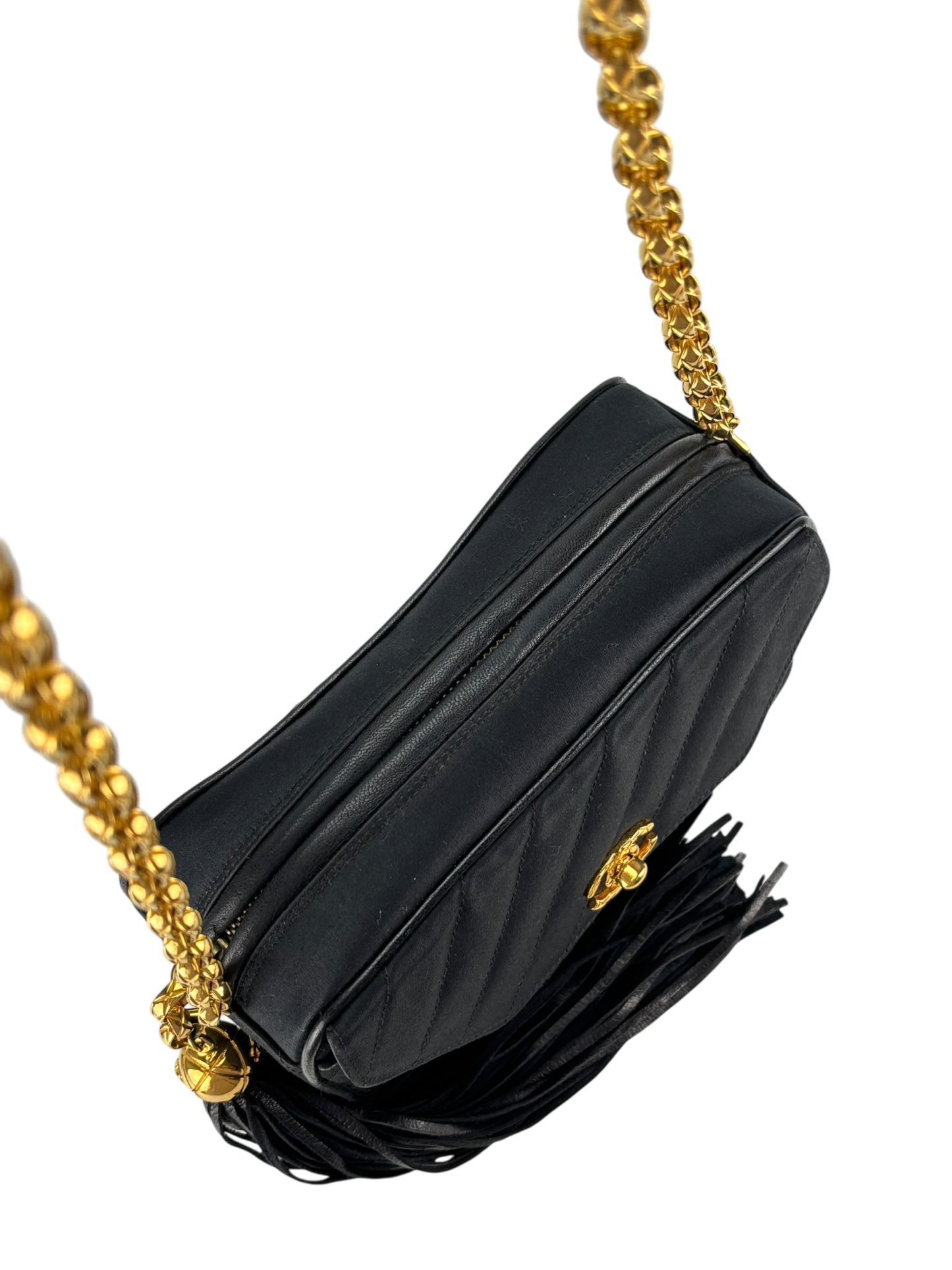 CHANEL - Satin V-stitch Lambskin Chain Shoulder Bag Gold hardware