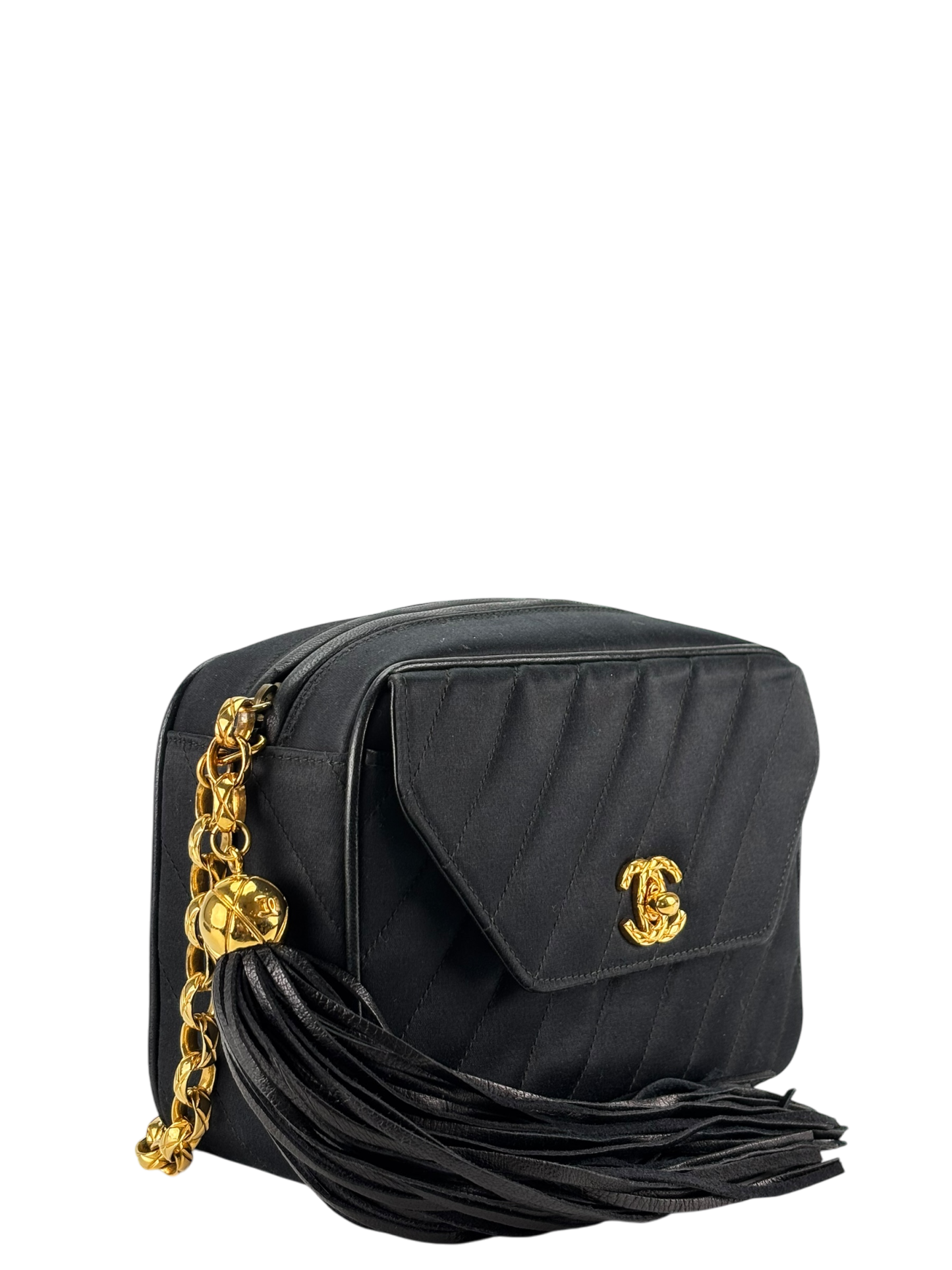 CHANEL - Satin V-stitch Lambskin Chain Shoulder Bag Gold hardware