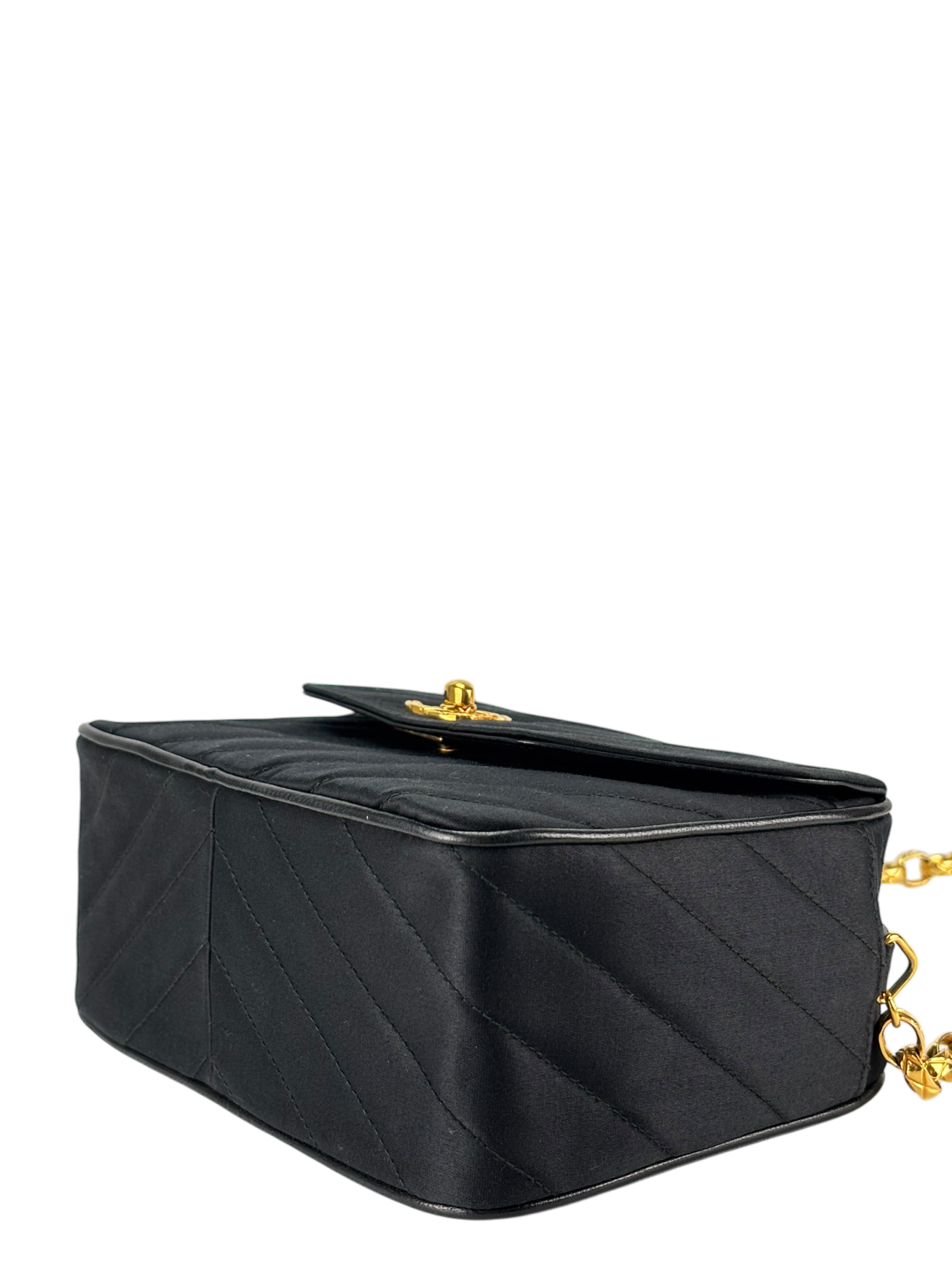CHANEL - Satin V-stitch Lambskin Chain Shoulder Bag Gold hardware