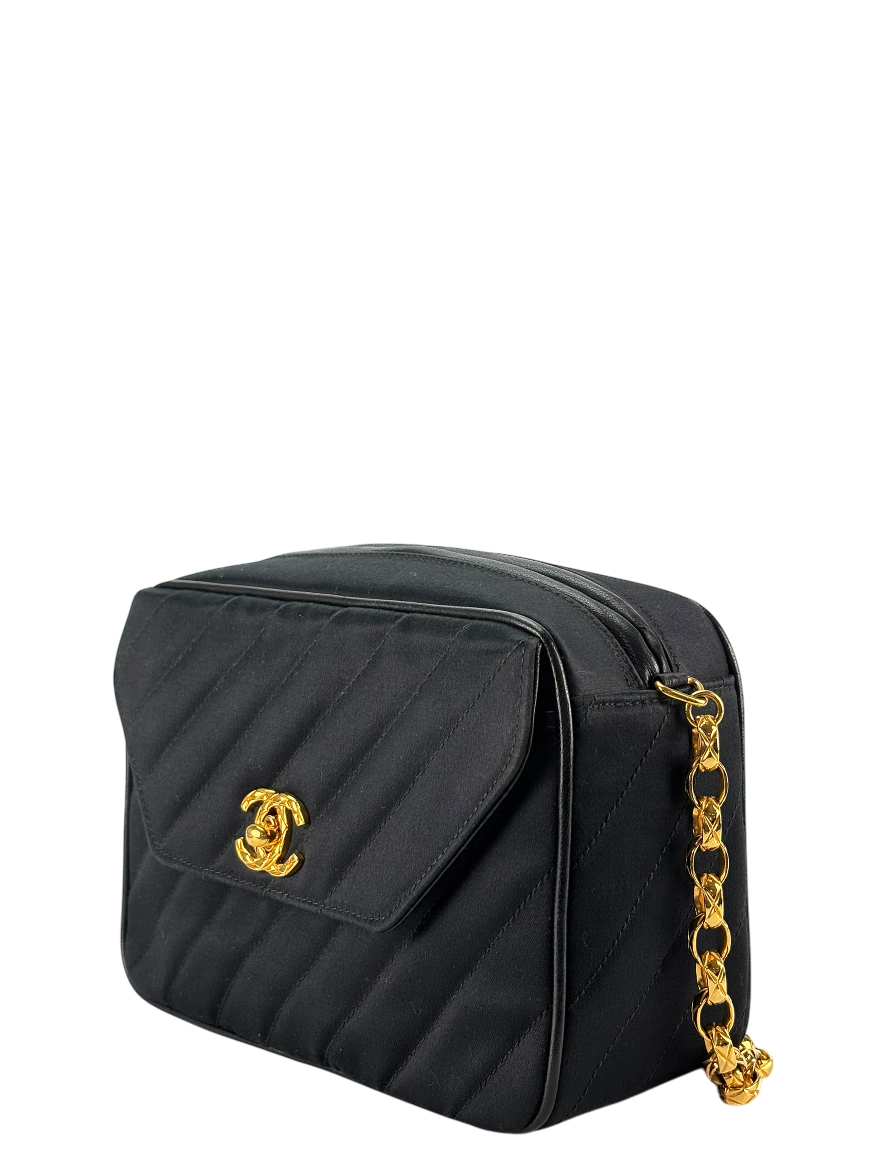 CHANEL - Satin V-stitch Lambskin Chain Shoulder Bag Gold hardware