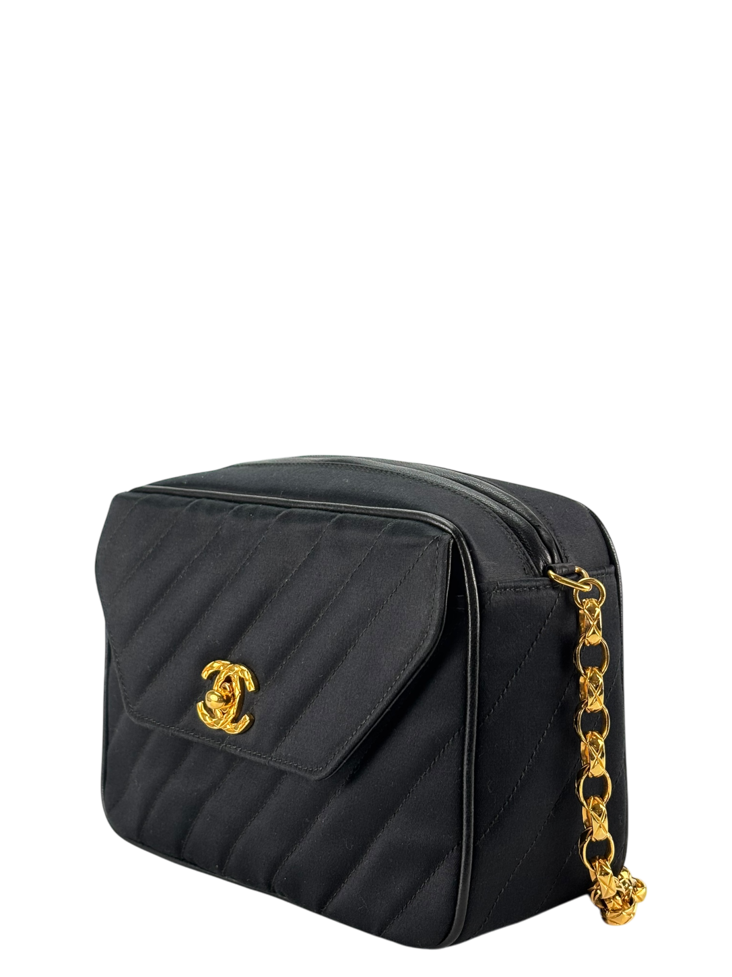 CHANEL - Satin V-stitch Lambskin Chain Shoulder Bag Gold hardware