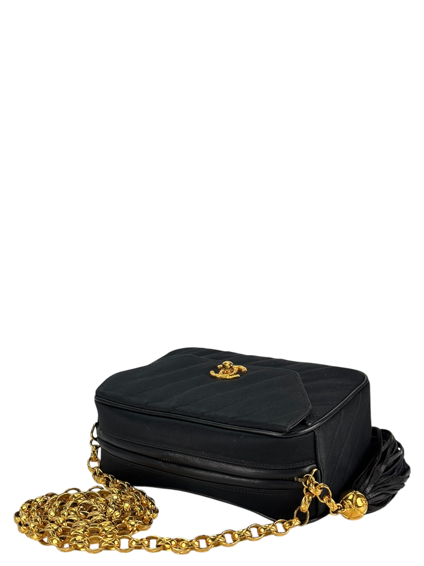 CHANEL - Satin V-stitch Lambskin Chain Shoulder Bag Gold hardware