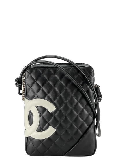 CHANEL - White CC Logo Black Calfskin Quilted Medium Cambon Crossbody Bag 