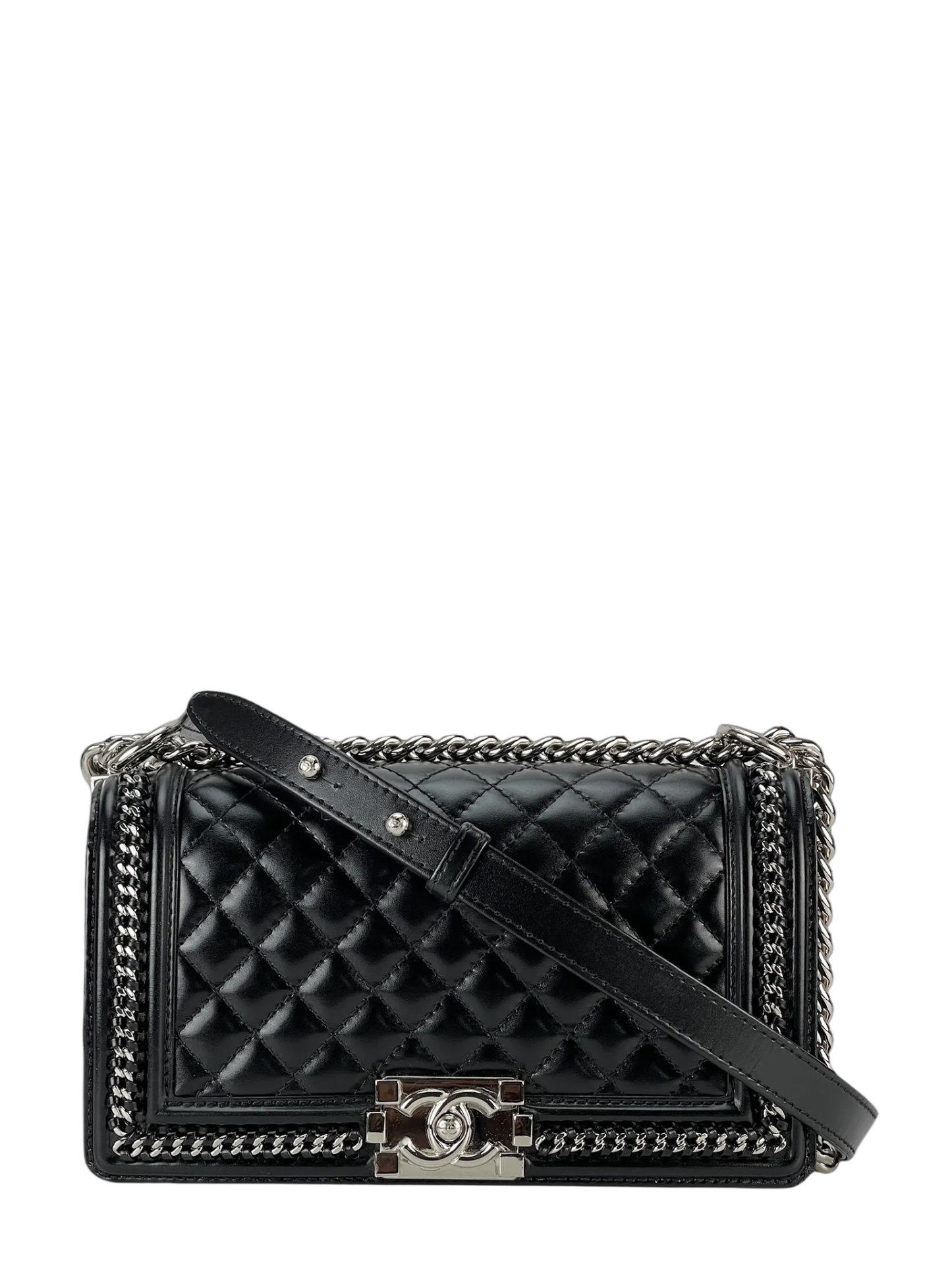 CHANEL - Medium Boy Flap Bag Black Calfskin Metal Black