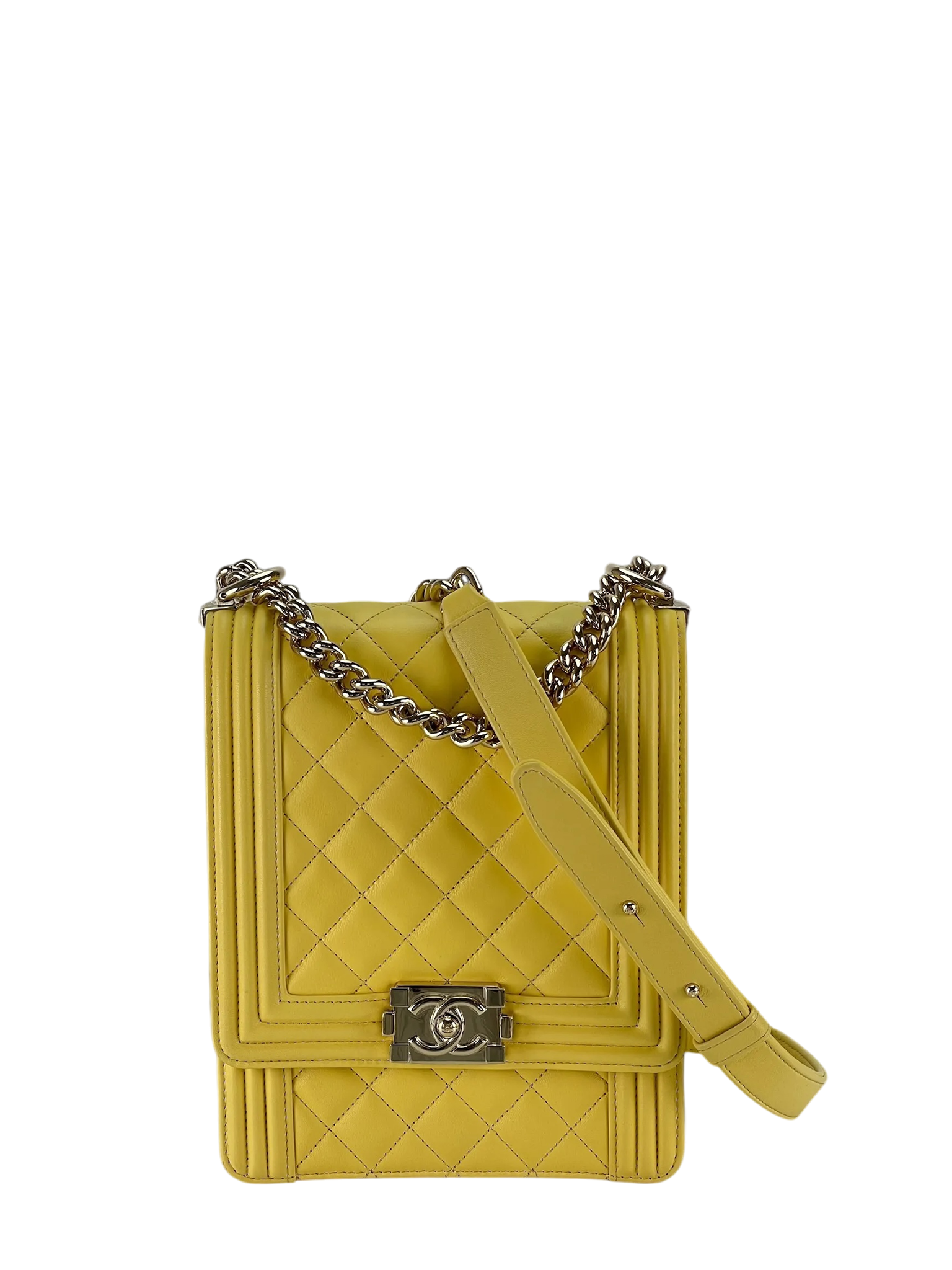 CHANEL - North South boy Flap Bag Yellow Lambskin Metal Gold