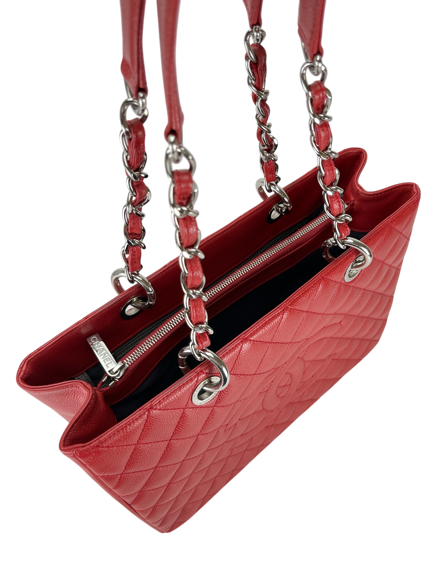 CHANEL - Red Caviar Quilted Grand Shopping Tote GST Sliver Hardware