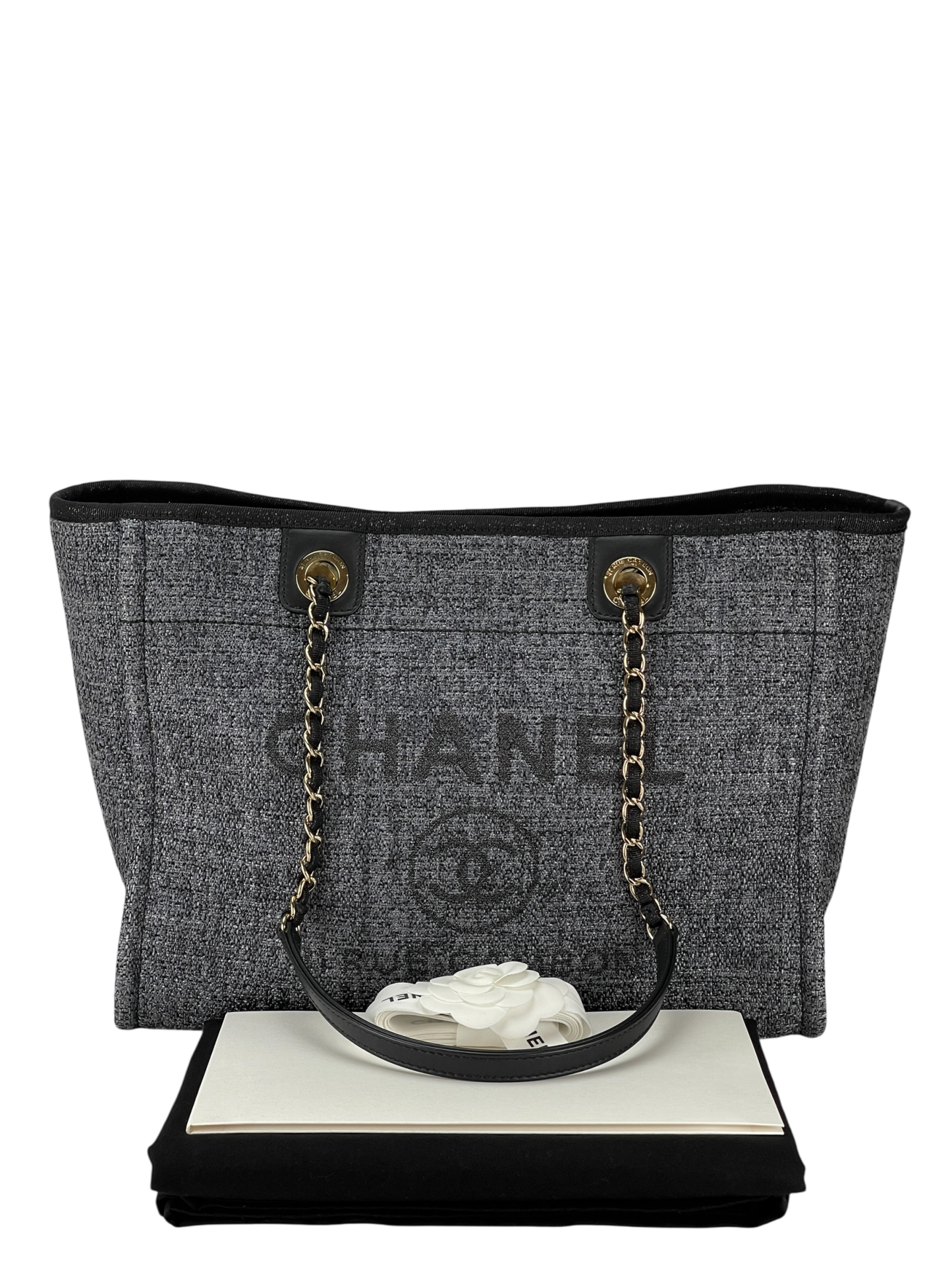 CHANEL - 19C Navy Denim Deauville Tote Bag Gold Hardware